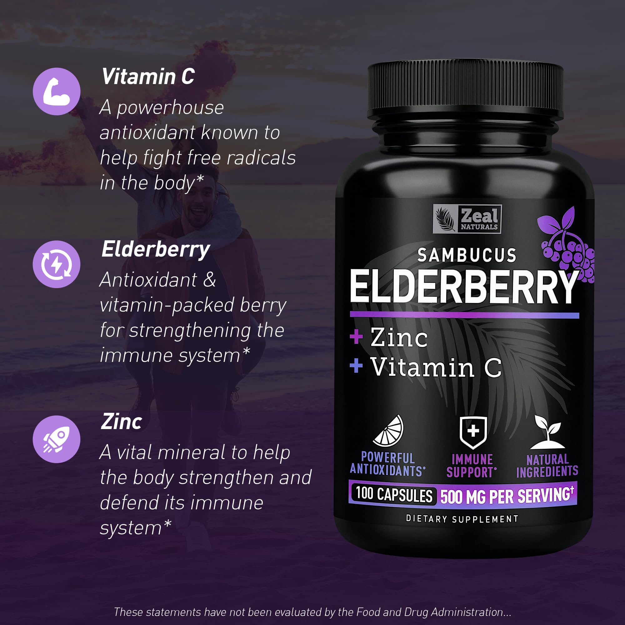 Zeal Naturals Max Strength Elderberry Capsules - 2000mg, 100 Capsules | Sambucus Black Elderberry, Vitamin C, and Zinc | 3-in-1 Immune Support Supplement for Adults — Amazon image 3