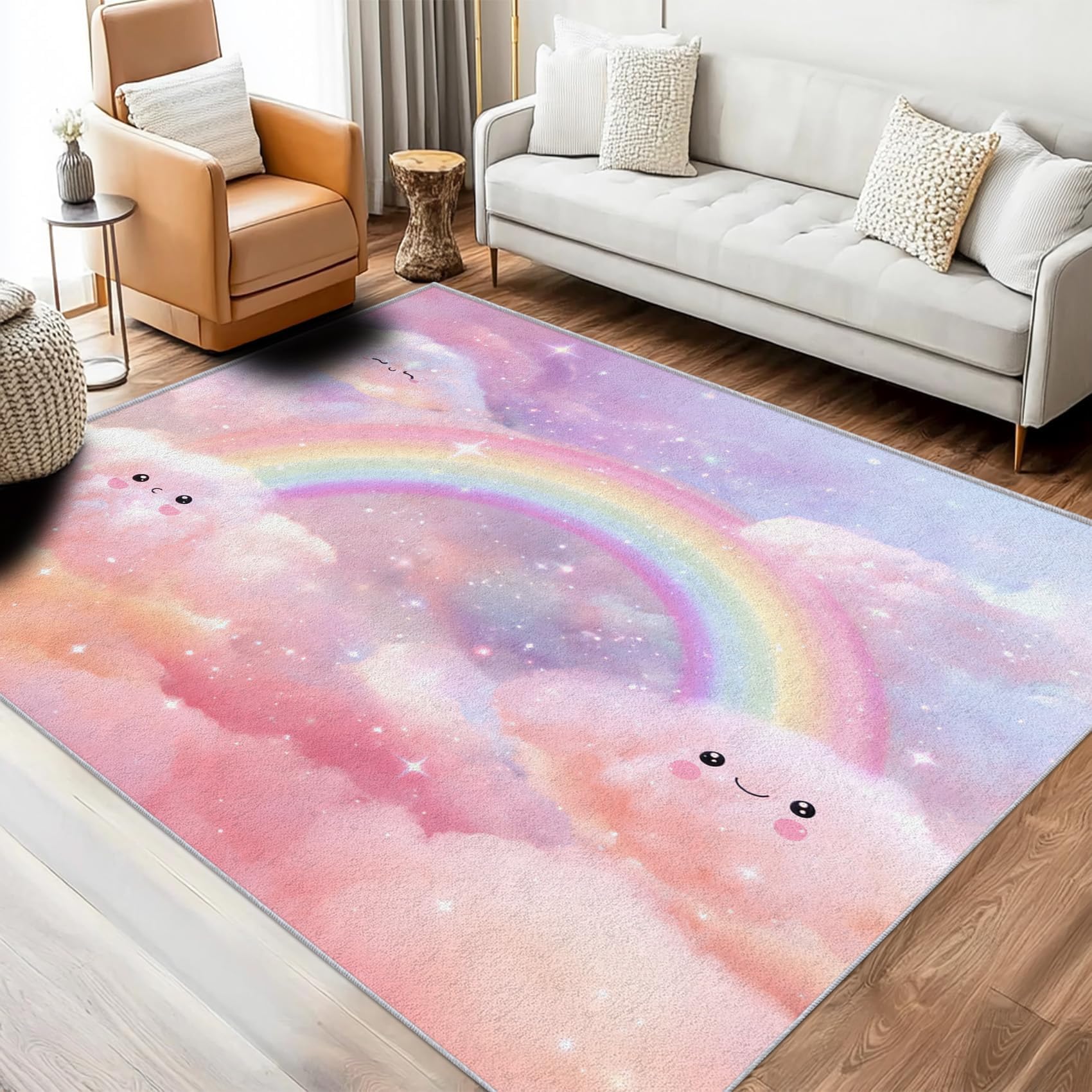 Tapis nuage arc-en-ciel antidérapant pour créer un coin lecture doux dans le salon