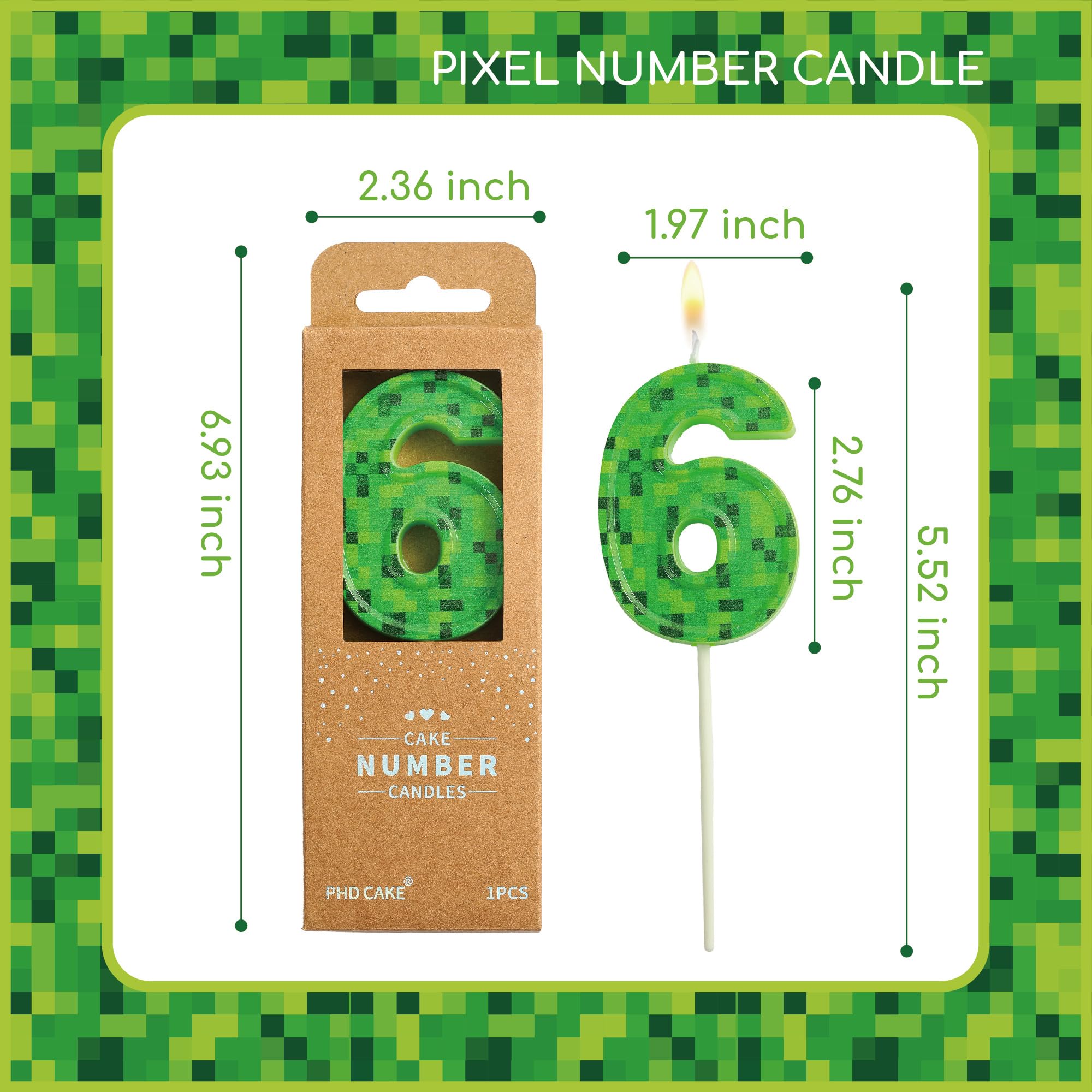 PHD CAKE Bougies d'anniversaire sur le thème du chiffre 6 de 7,76 pouces, bougies de numéro de mineur vert, bougies de numéro de gâteau, célébration de fête