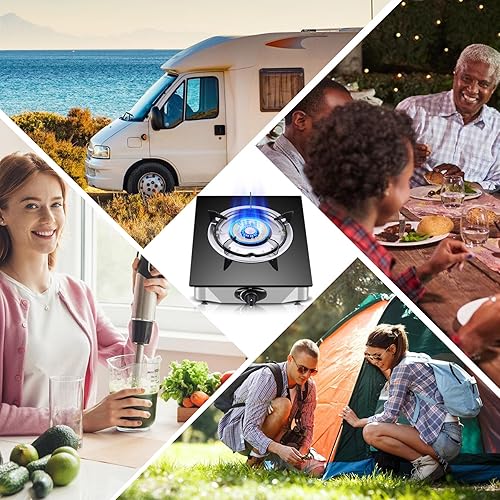 Miniatura 6 de Estufa de gas propano de un solo quemador, estufa portátil de vidrio templado para campamento, propano con encendido automático, quemadores de 10236