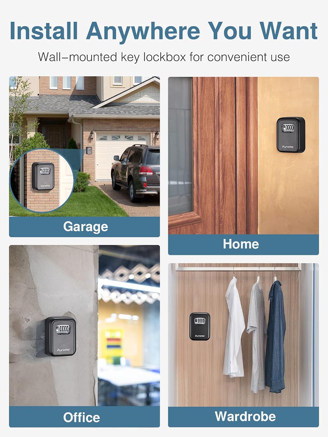 Puroma Security Key Lock Box 4-Digit Code Large Outdoor Wall Mount Lockbox | Outside, Portable, Wall Mount, Large, Resettable, Combination, Weatherproof, High-capacity, Hold 5 Keys, for Guest Realtor