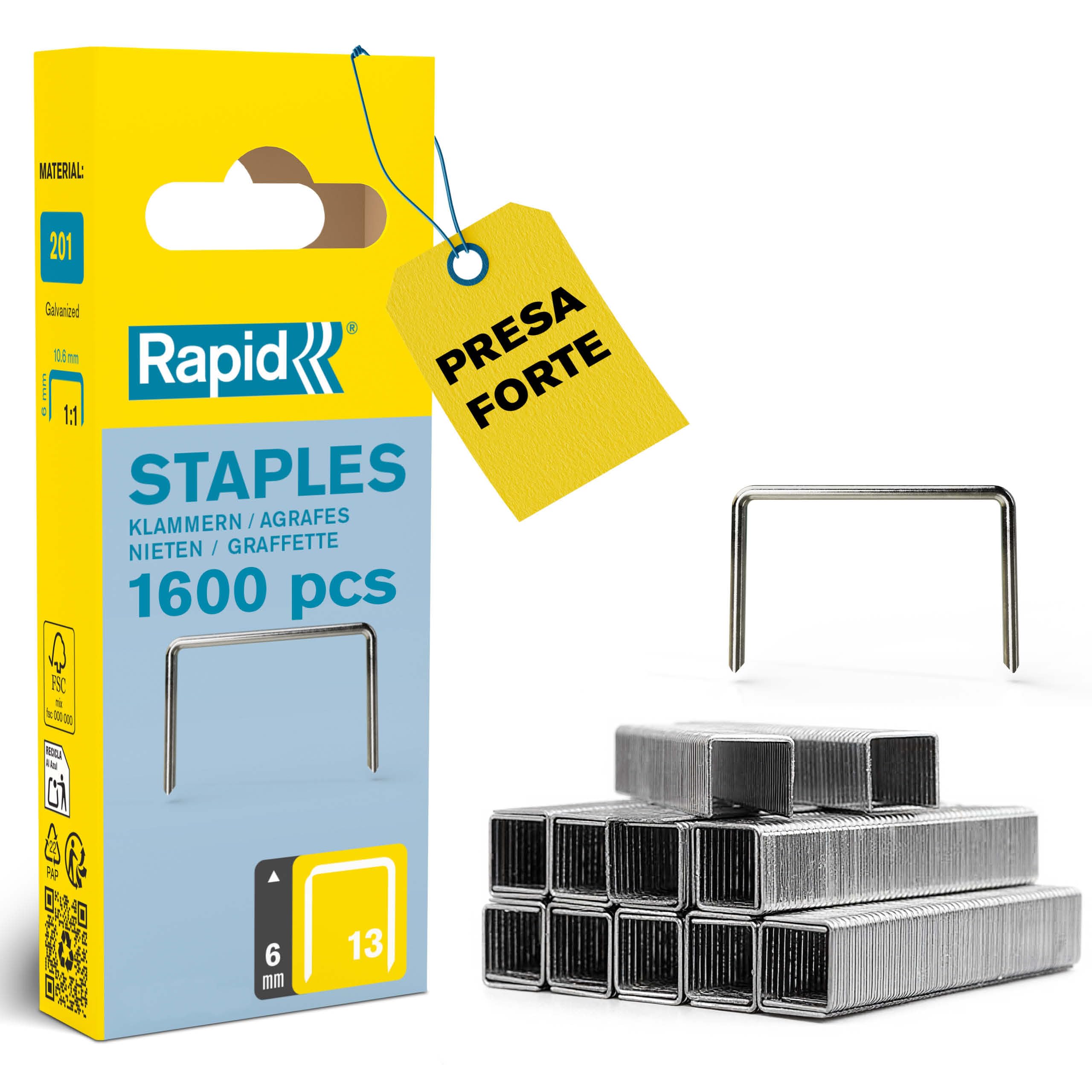 Rapid Confezione da 1600 Graffe N.13/6 per Tessuto e Decorazioni in Acciaio Zincato, Struttura a Filo Fine, Lunghezza Gamba 6 mm