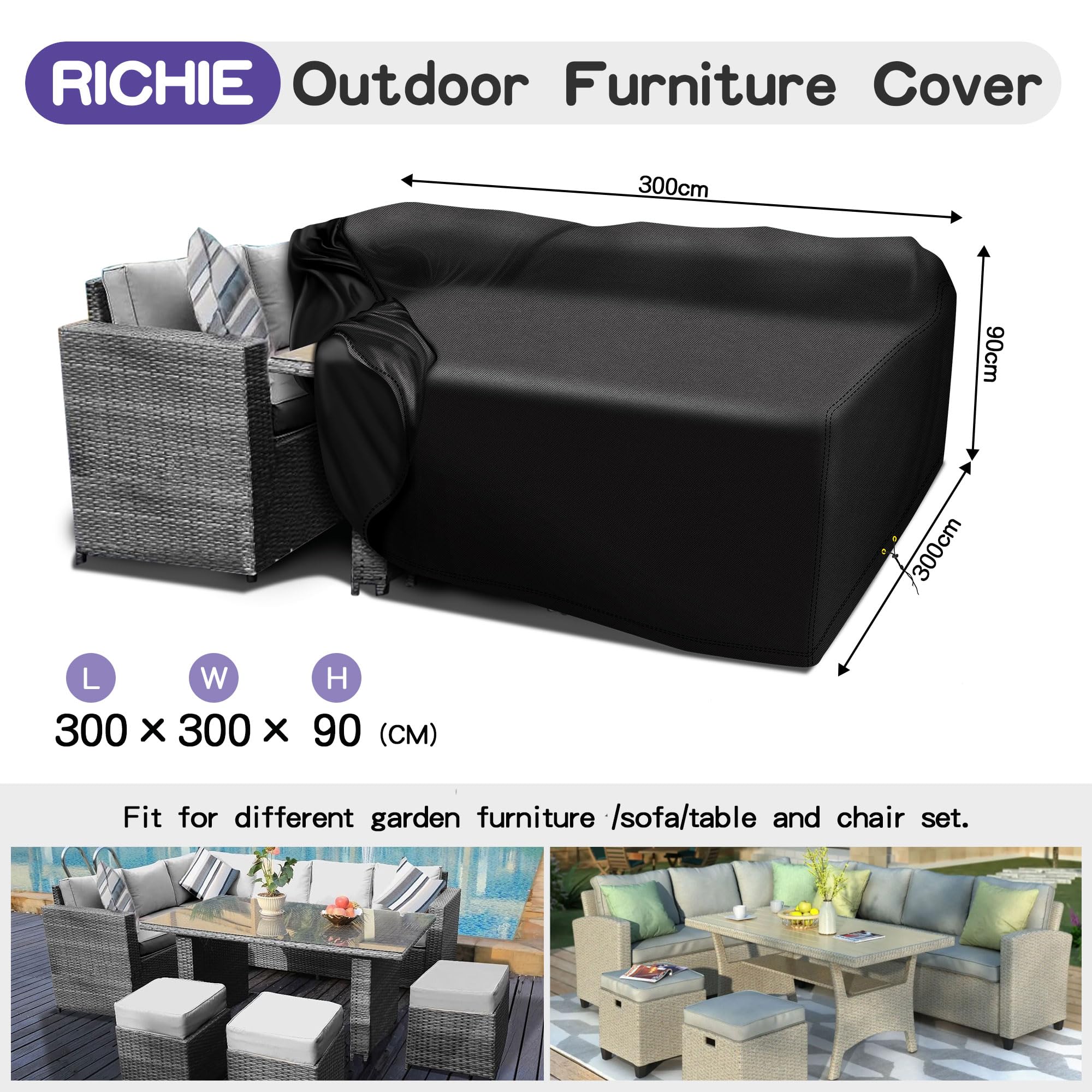 RICHIE Housse de meubles de jardin imperméable en tissu Oxford 420D, 300 x 300 x 90 cm, pour table de jardin, terrasse, table de terrasse, imperméable, anti-UV, en rotin