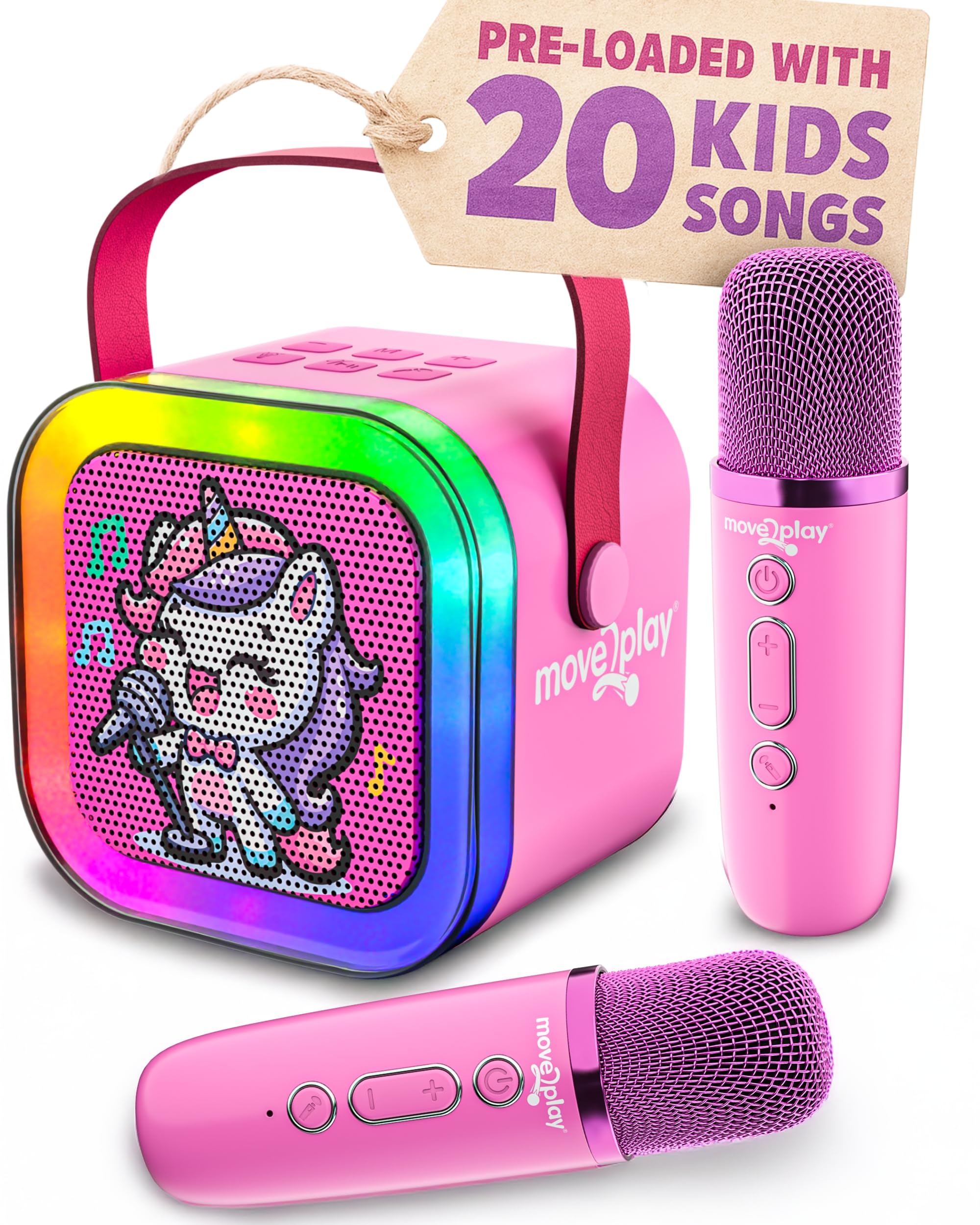 The Move2Play Karaoke Machine in Unicorn color, showcasing its vibrant multi-color LED lights around the speaker grille.