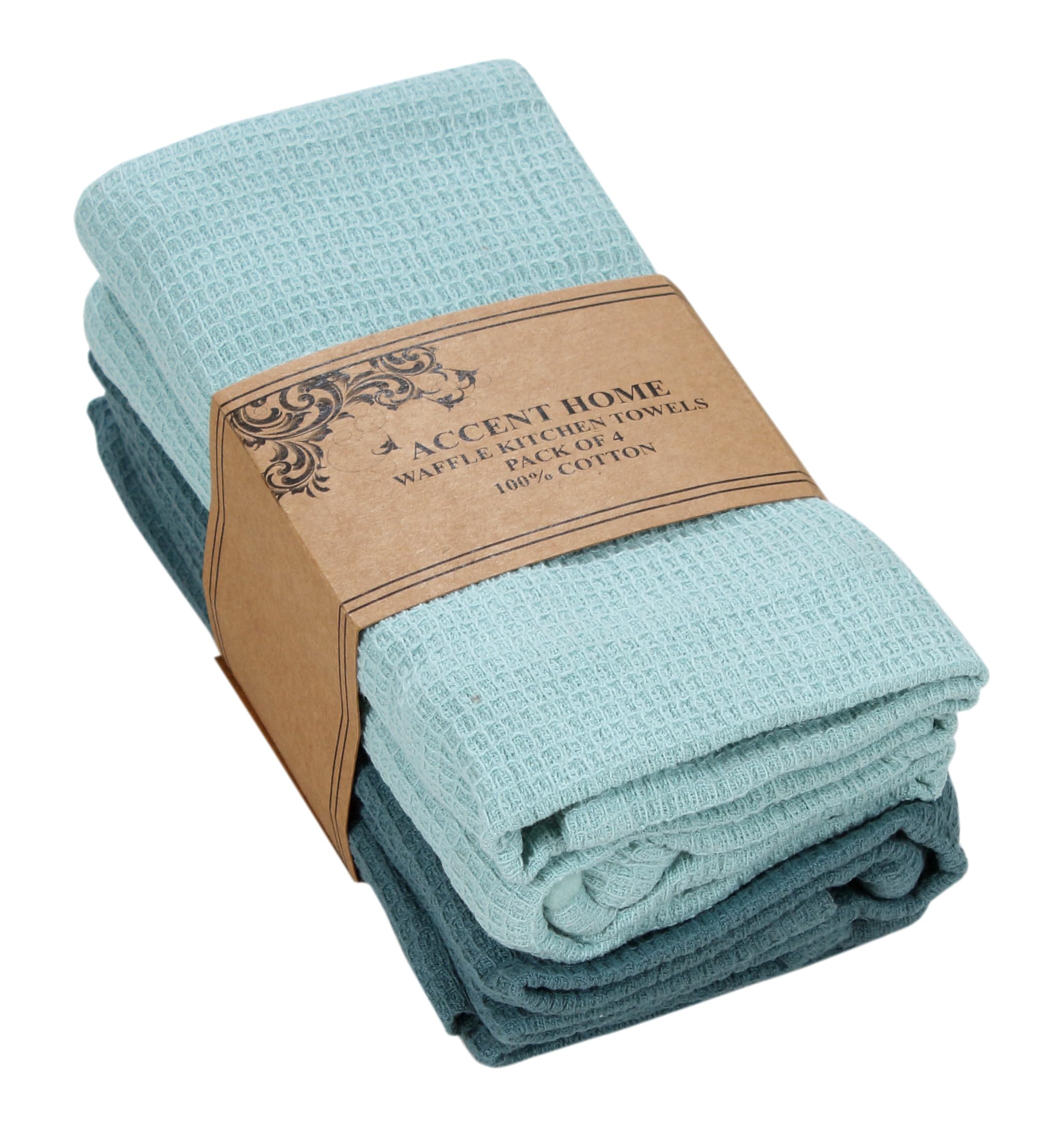 ACCENTHOME 100% Cotton Waffle Weave Kitchen Towel Set of 4 Super Soft Absorbent Tea Towels | Durable Cleaning Dish Cloths Perfect for Mess & Quick Drying Dishes Rags 18x26 inches in Teal Color