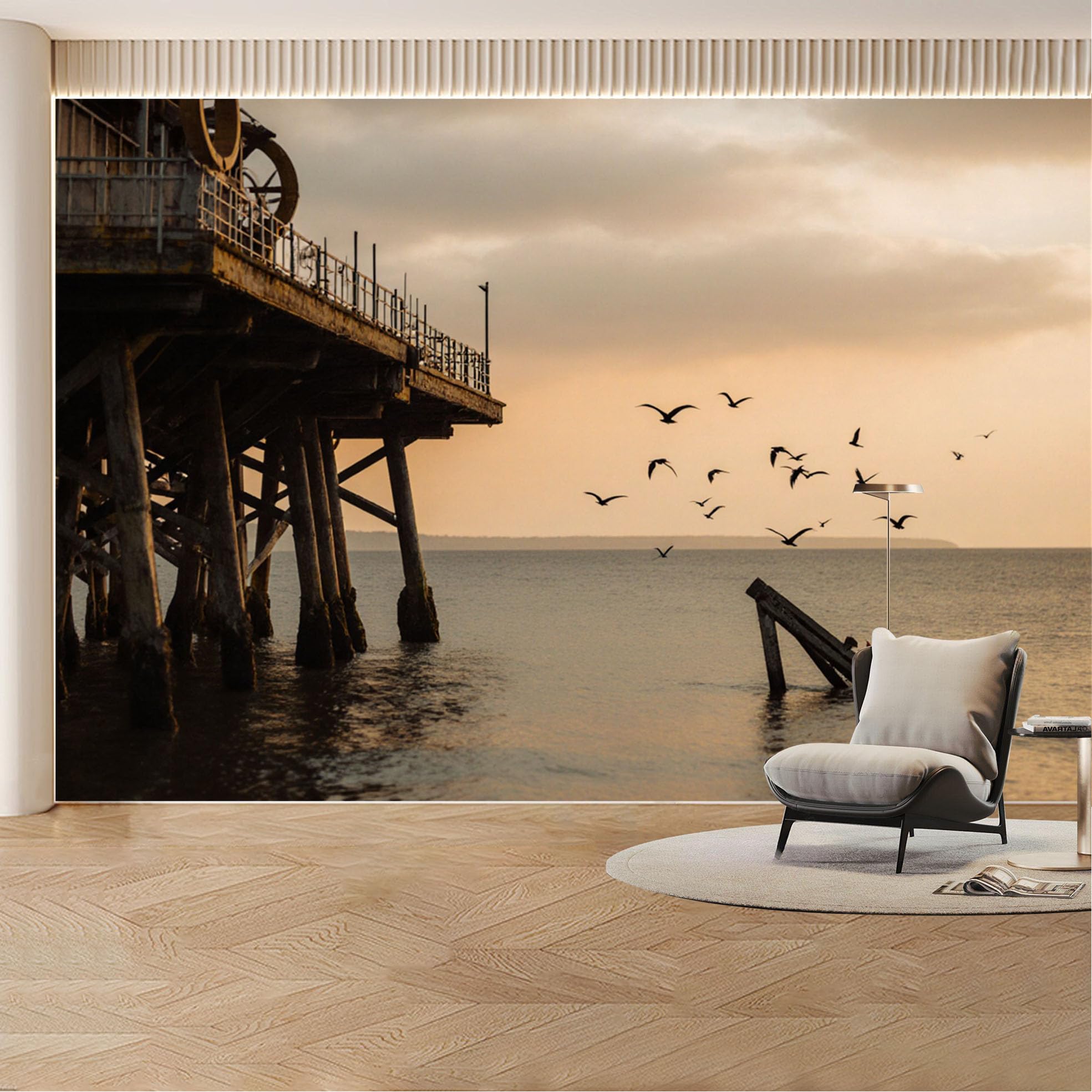 Custom Wall Mural Wallpaper Ocean Pier Birds， Landscape 3D Effect Wall Decor， Vintage Sunset Removable SelfAdhesive Large Photo for Living Room， Bedroom， Office