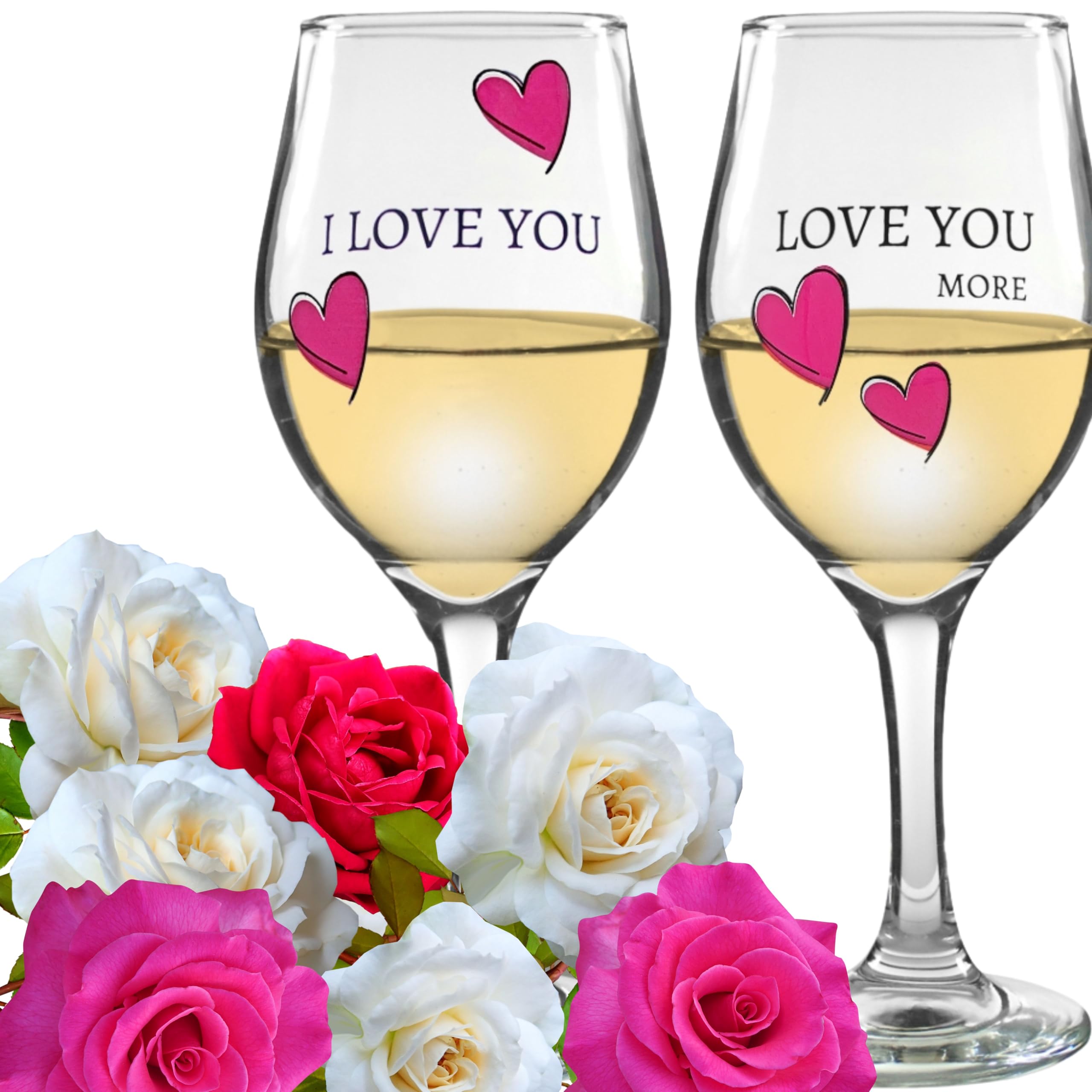 Love You More Wine Glass - Set of 2 Glasses with Pink Decorative Hearts - His and Her Romantic Glassware