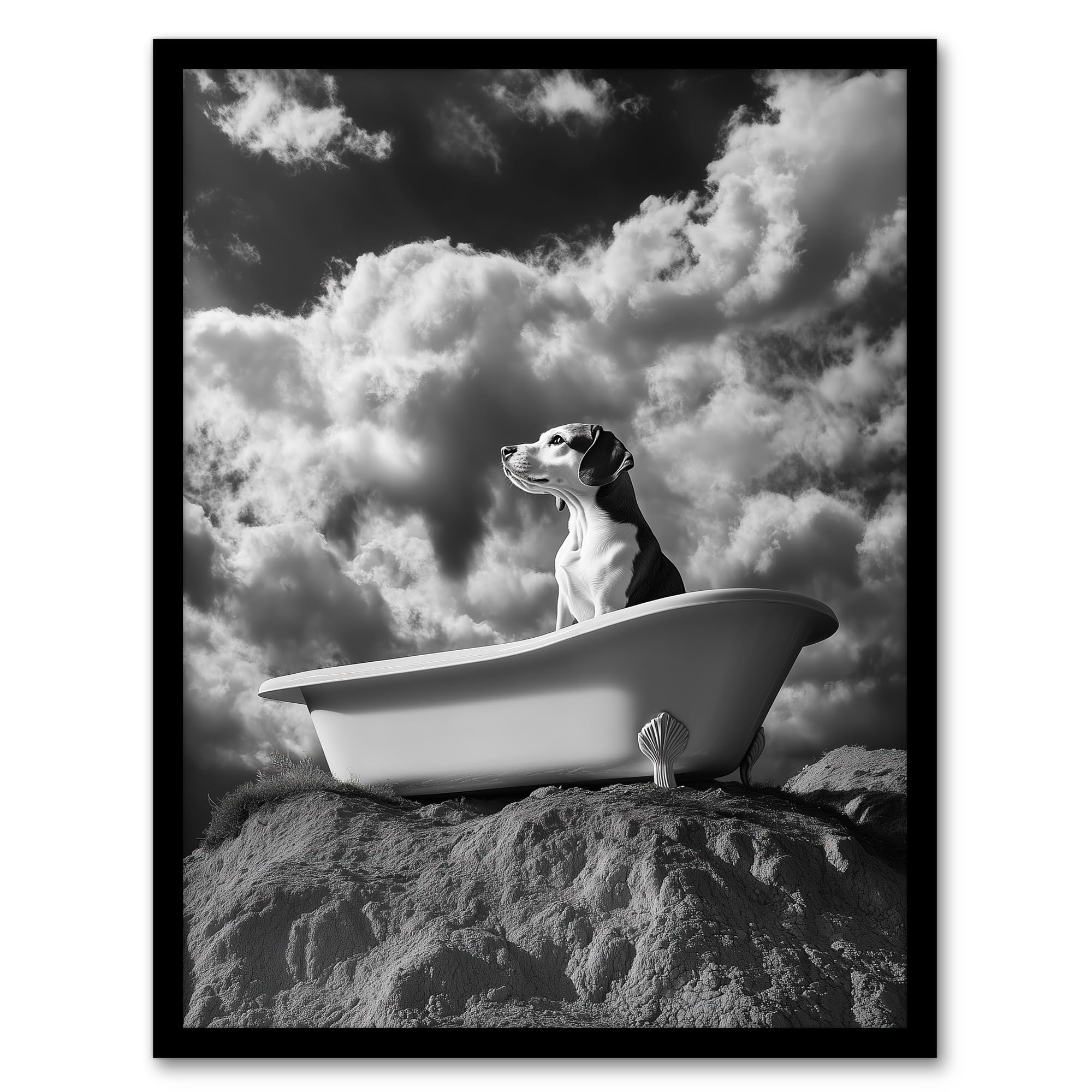 Beagle Bathtub Black White Framed Art Print - Atmospheric Wall Art by Artery8 - A4 Size