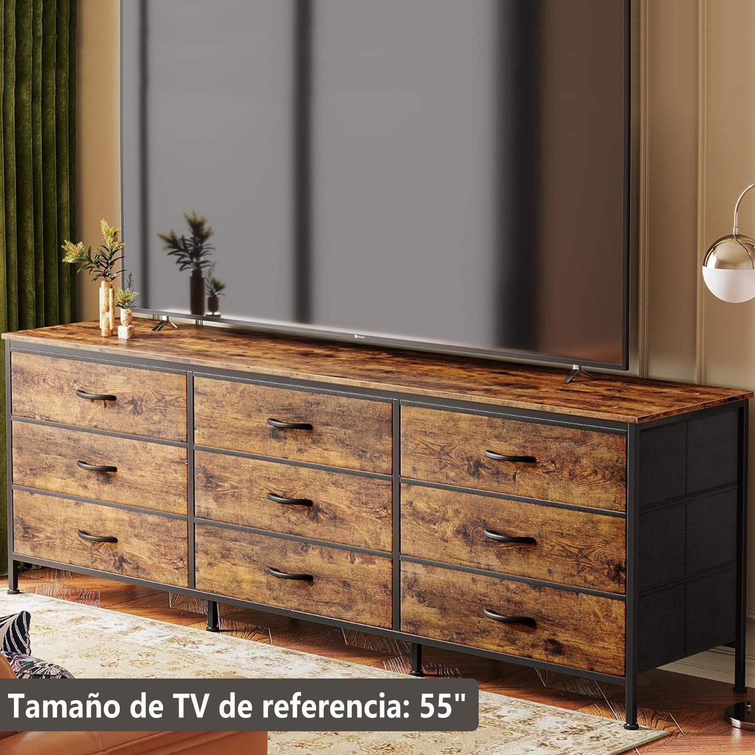 Detailed dimensions of the TV stand, showing width, height, and depth