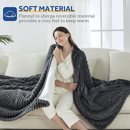 Miniatura 2 de SEALY Manta eléctrica tamaño Queen, franela suave acanalada a sherpa, manta térmica reversible con doble control, 10 ajustes de calor y 1 a 12 horas