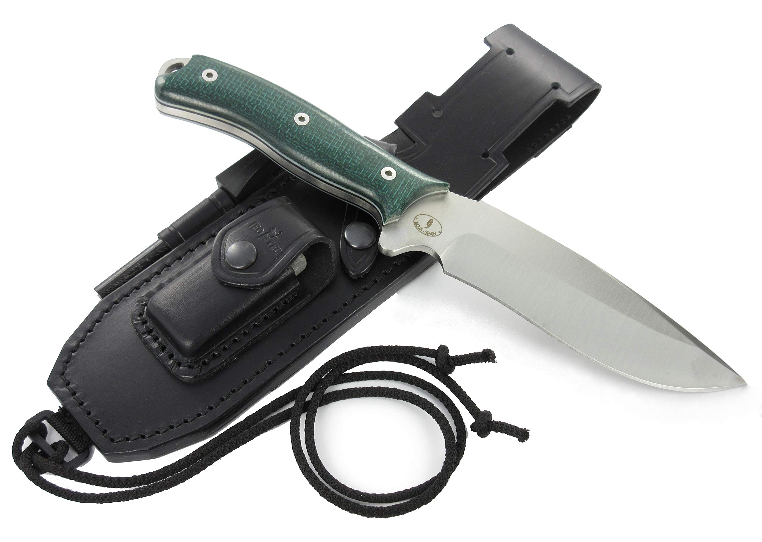 JEO-TEC Nº9 Cuchillo supervivencia caza monte bushcraft camping outdoor campo - Funda de piel con pedernal y piedra afilar incluidos - Acero MOVA-58 - Fabricado en España