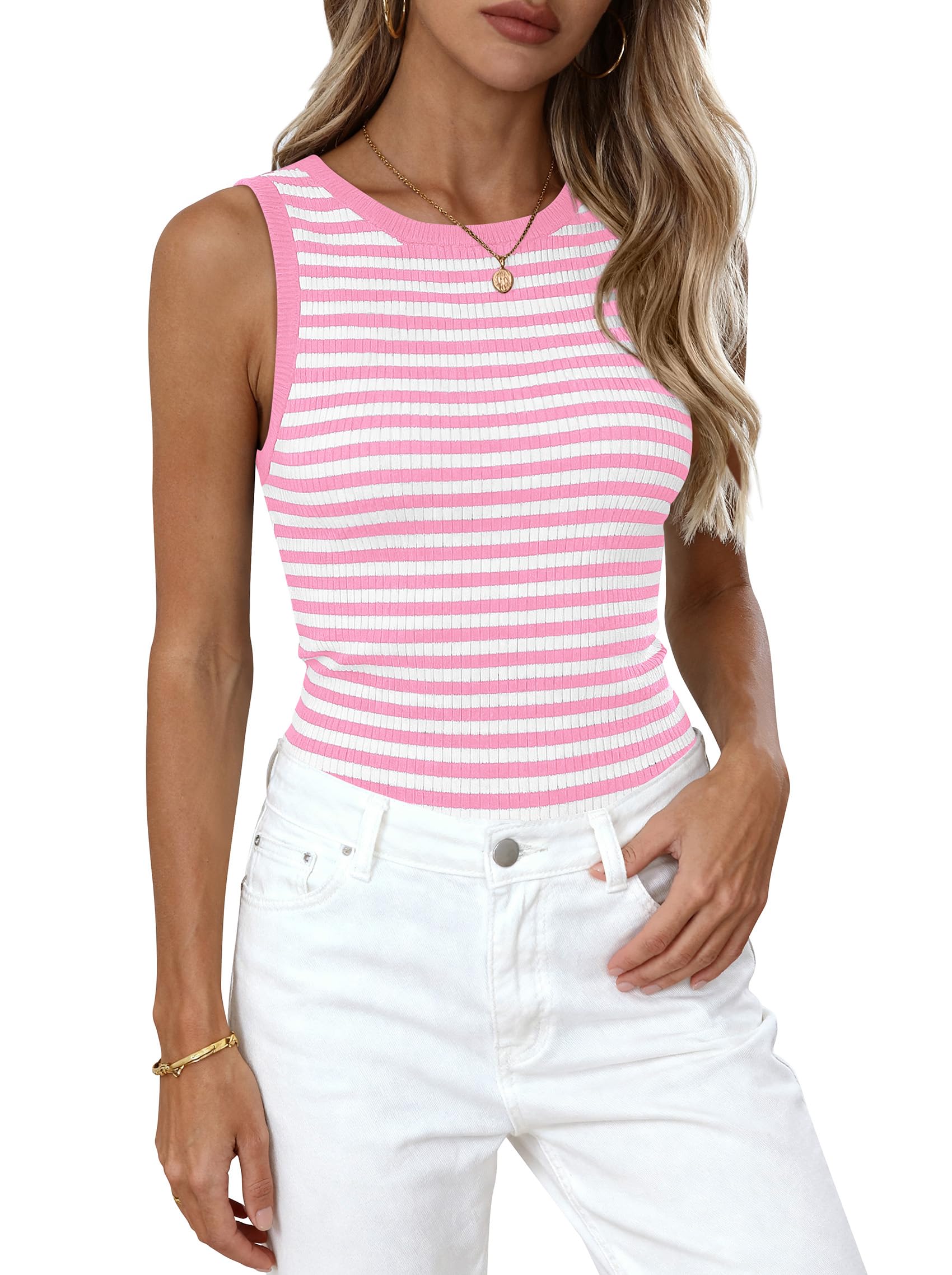PRETTYGARDEN Summer High Neck Striped Tank Tops for Women Casual Sleeveless Sweaters Basic Ribbed Knit Slim Fitted Shirts