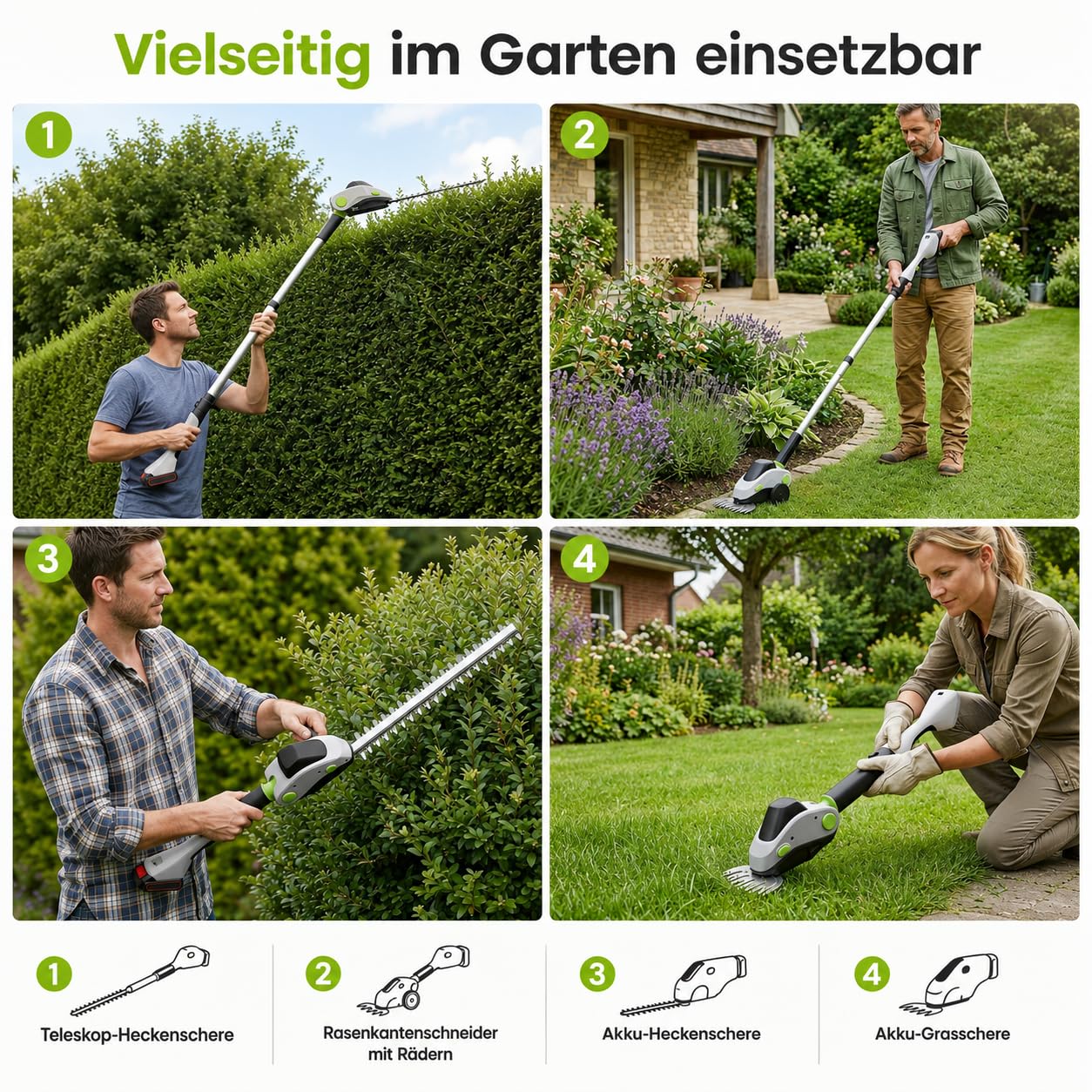 Teleskop Heckenschere Akku mit Rollen, 4-in-1 Elektro-Teleskop-Astschere & Grasschere mit Leistungsdisplay und 2x21V Akkus, Aluminiumlegierung, 110° Verstellbarer Kopf, Max 1,73m