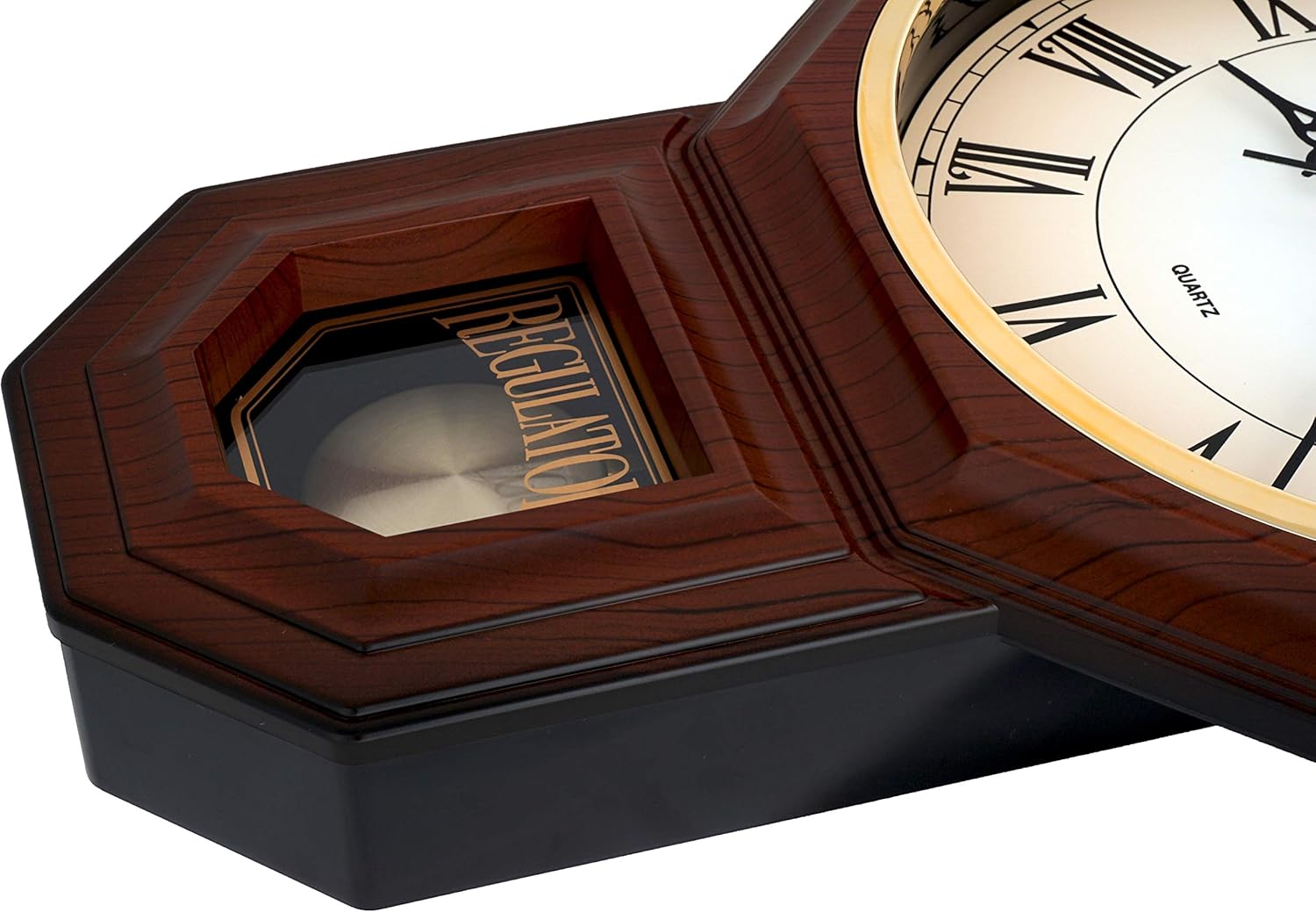 JUSTIME Traditional Schoolhouse Pendulum Wall Clock Chimes Hourly with Westminster Melody Made in Taiwan, 4AA Batteries Included (PP0258-RDW Dark Wood Grain)