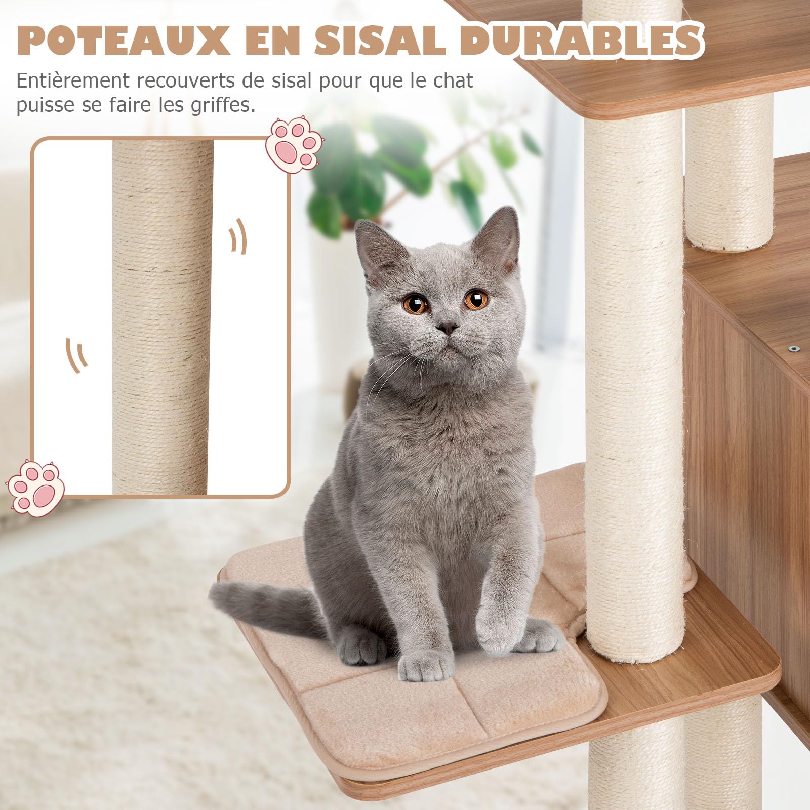 GOPLUS Árbol para Gatos de Madera de XXL 176 CM, Torre para Gatos de 5 Niveles con Poste Rascador de Sisal, Diseño Antivuelco, Árbol Rascador con Cojines Cómodos, 59×59×176CM