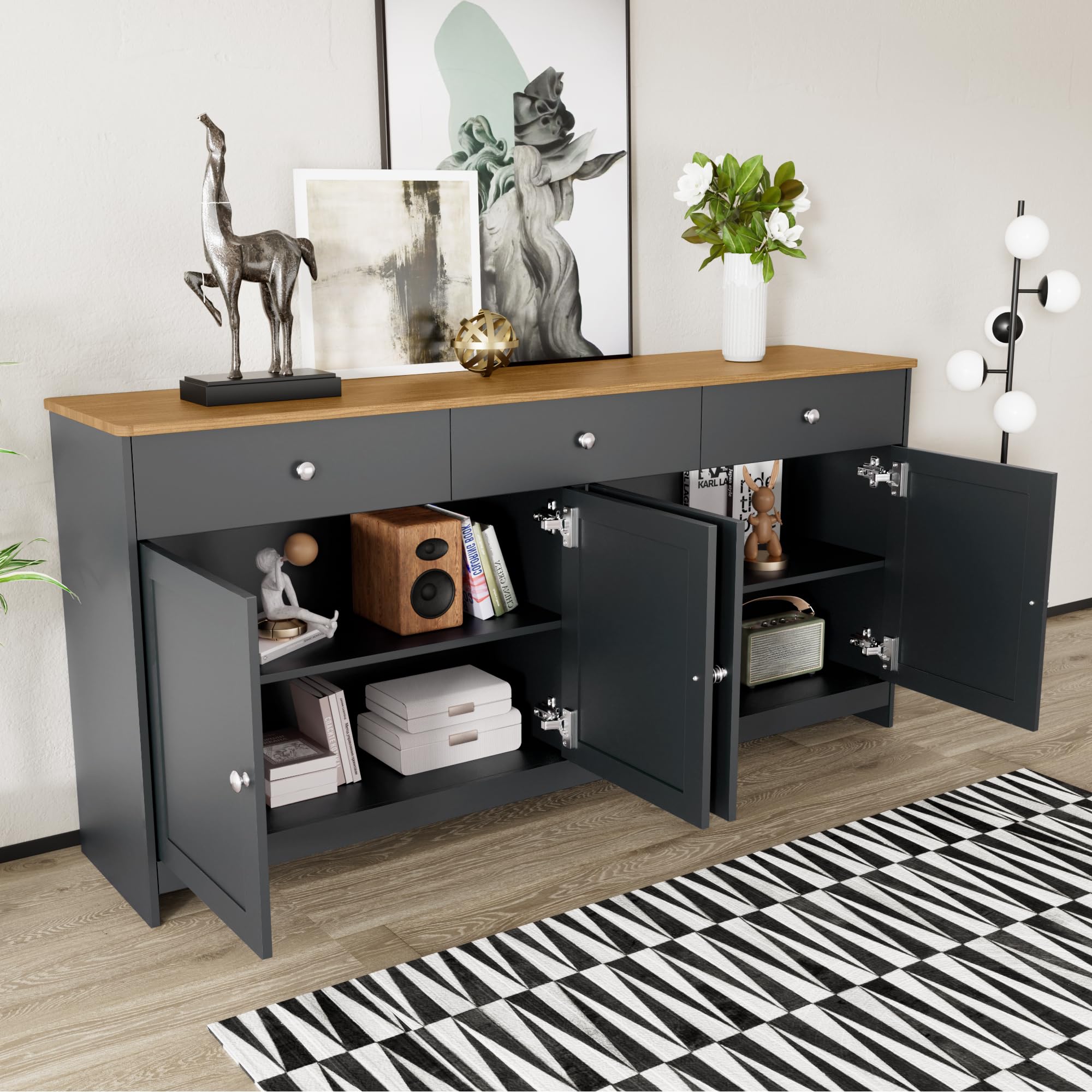 Buffet Bas Noir et Bois 160 cm Meuble Cuisine Rangement 3 tiroirs 4 Portes étagères réglables 50 kg Armoire Rangement vaisselier Portes Buffet Salle a Manger pour Salon
