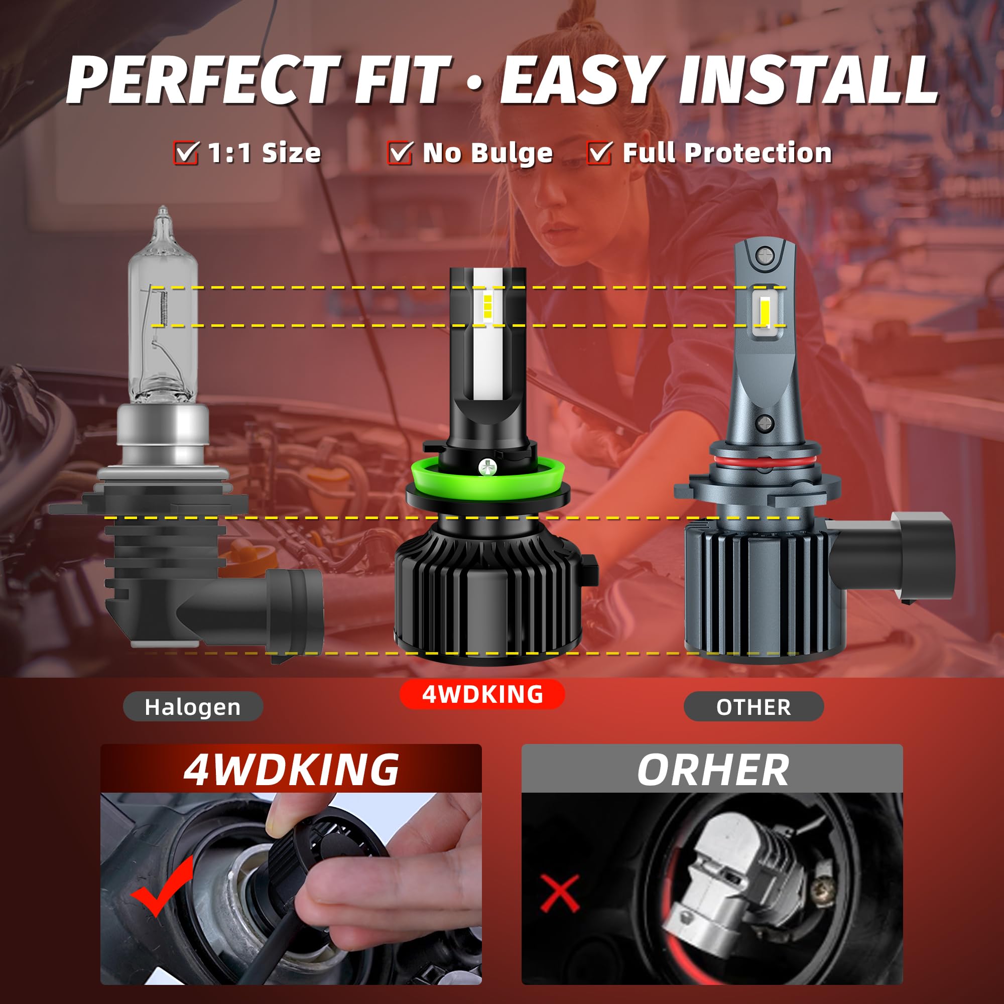 4WDKING H11 led light bulb 6500K 300 Brightness Upgraded led lights 12000 Lumens Plug and Play Non-polarity 2PCS — view 5