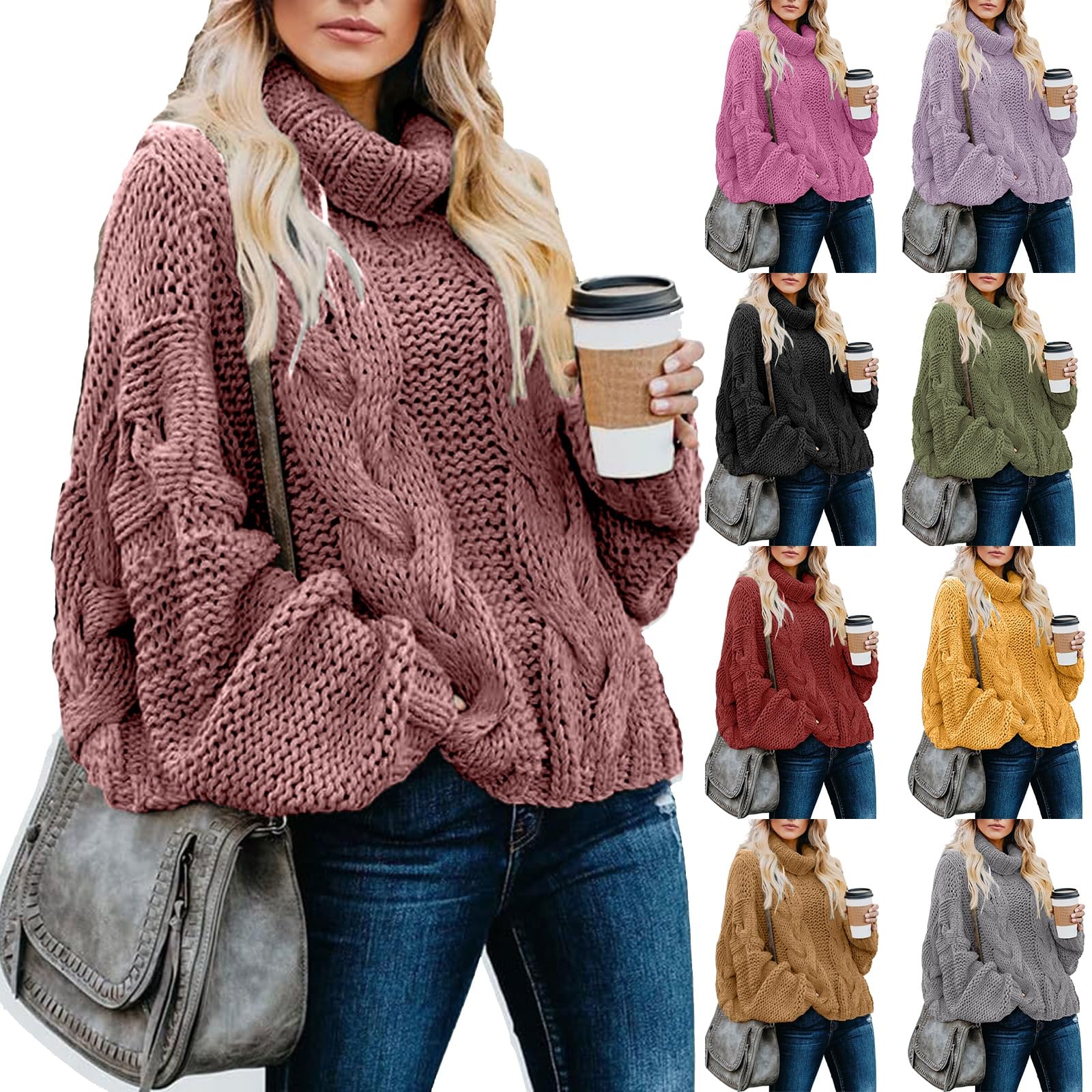 Cute Women Fall Sweaters Winter Turtleneck Pullover Sweater Balloon Long Sleeve Chunky Tops Knitted Outerwear
