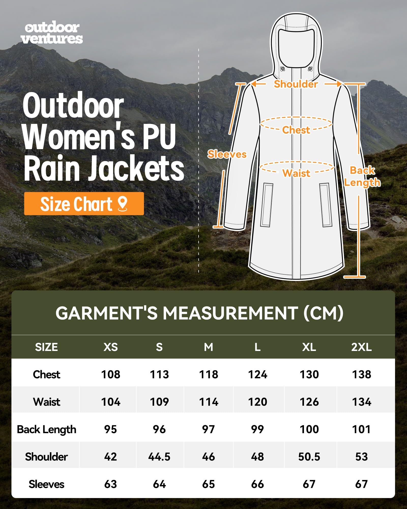 Outdoor Ventures Płaszcz przeciwdeszczowy PU dla kobiet, outdoorowy, damski, wodoszczelny, wiatroszczelny, płaszcz z kapturem, na wędkowanie, wędrówki, kemping