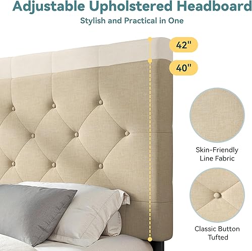 Miniatura 69 de HOOMIC Base de cama de almacenamiento de plataforma de tamaño matrimonial con 4 cajones y cabecera ajustable, listones de madera, no necesita Negro,