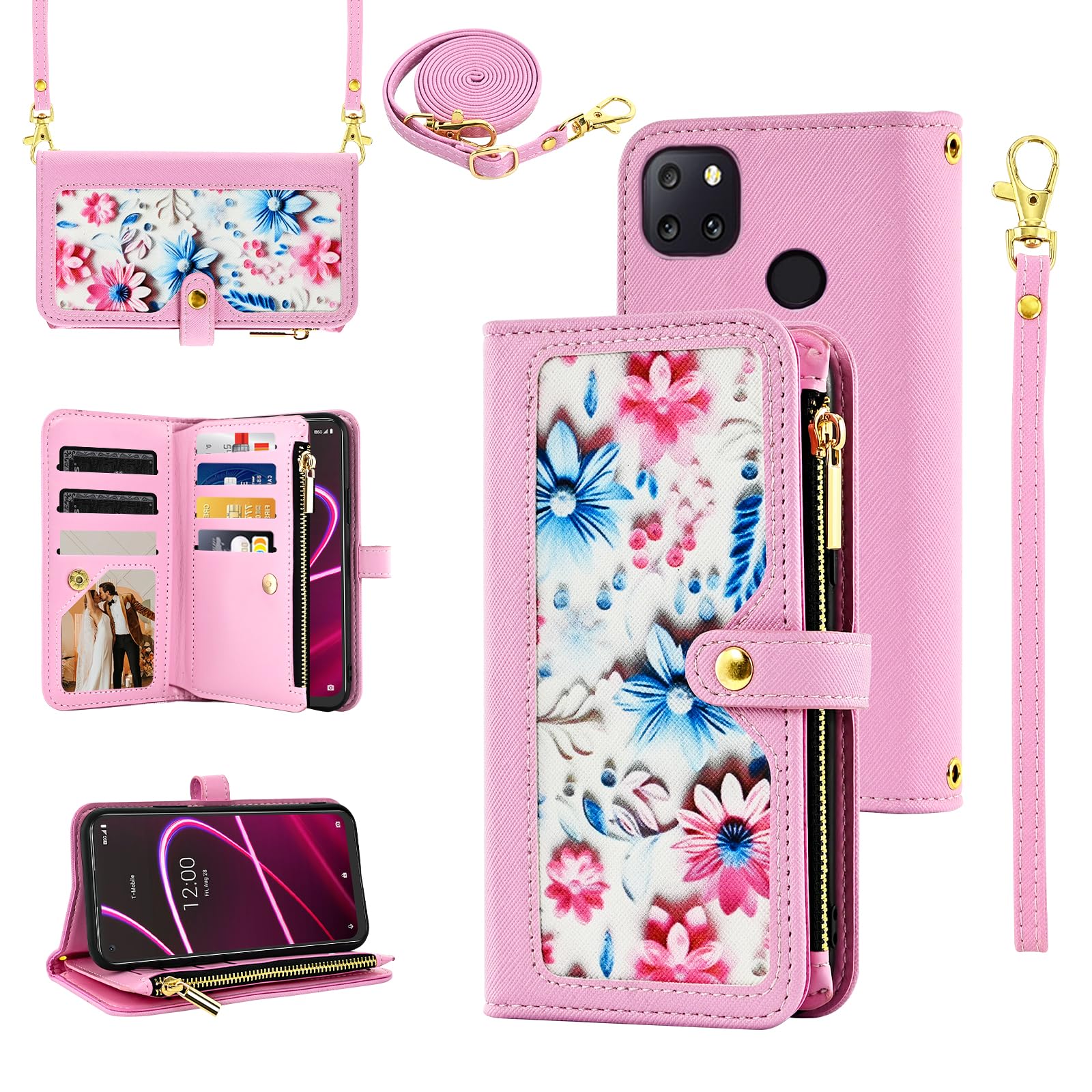 Furiet Floral Wallet Case for T-Mobile Revvl 5G with Wrist Strap Shoulder Strap Flip Zipper Purse, Credit ID Card Holder Stand Phone Cover for Tmobile