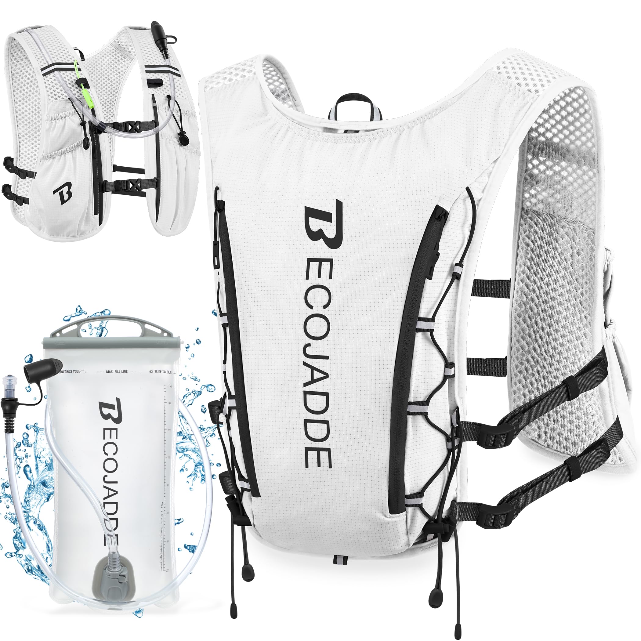 BECOJADDE Running Vest Hydration Backpack Lightweight 5L Water Pack with One 1.5L Water Bag for Men Women, Running Backpack Hydration for Marathon, Trail, Cycling, Hiking, Jogging White