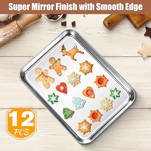 Miniatura 7 de Juego de 12 bandejas para hornear de 9 x 6.7 x 1 pulgadas, bandeja de acero inoxidable, bandejas rectangulares para horno, antiadherentes, fáciles