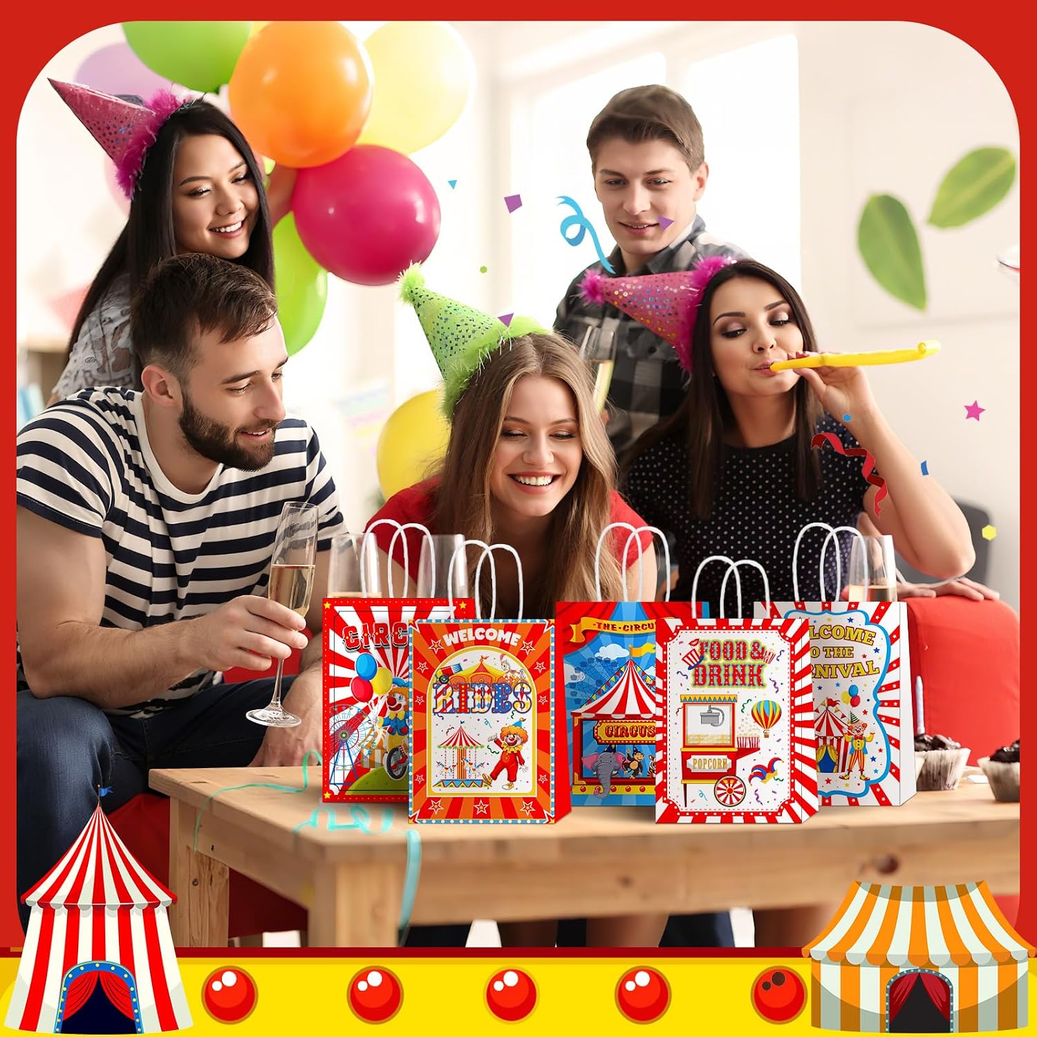 Zhanmai 48 Pcs Carnival Party Favors Gift Treat Bags Clown Circus Goodie Candy Bags with Paper Handles for Circus Carnival Themed Birthday Party Supplies Decorations