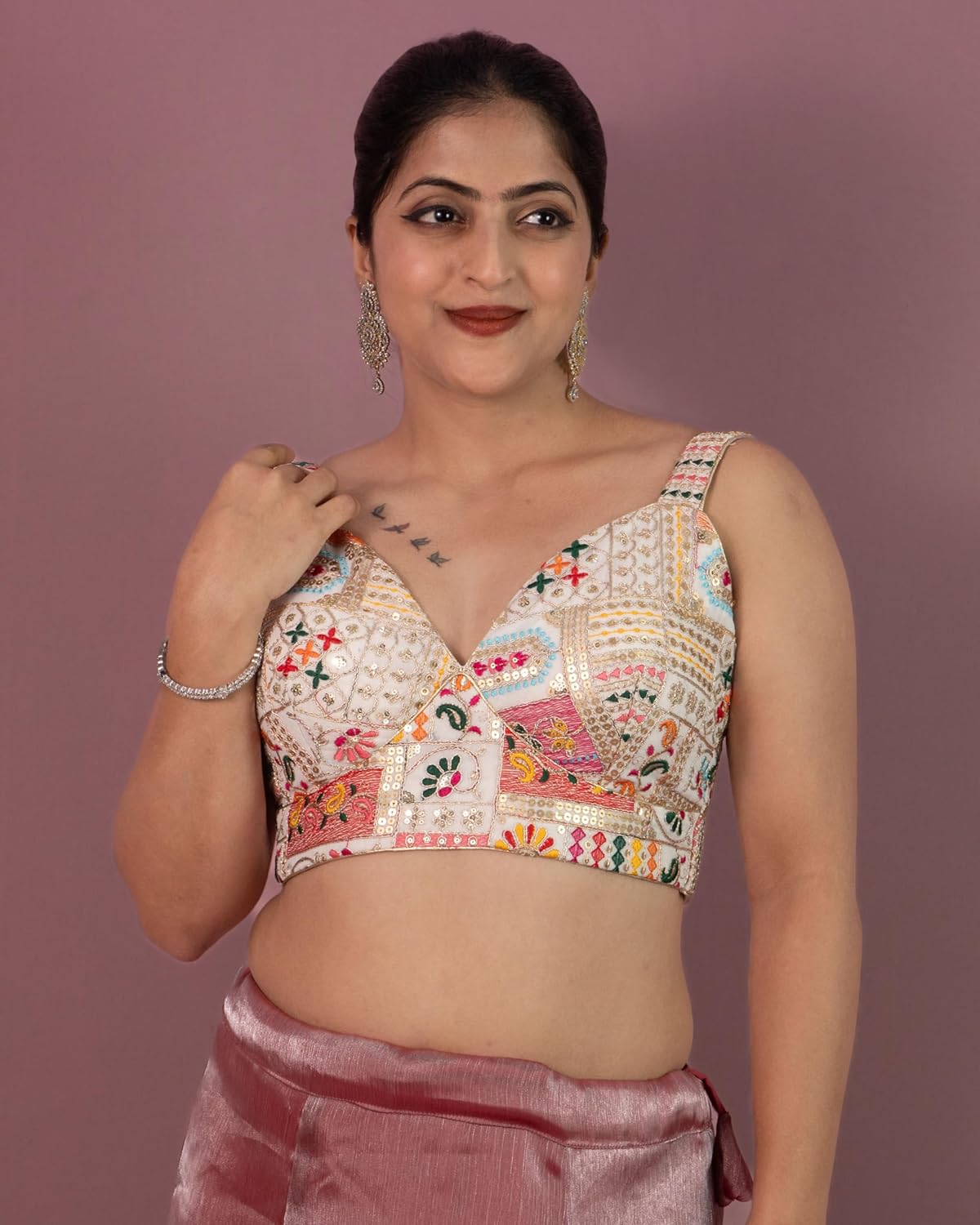 FIGURE'S DESIGNER Women's Mirror Work Sweetheart Neck Sabyasachi Cut Sleeveless Readymade Saree Blouse E16