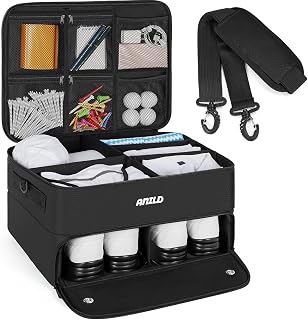 ANILD Golf Trunk Organizer, 2 Layer Golf Storage Case with Separate Ventilated Compartment for 2 Pair Shoes, for Balls, Tees, Clothes, Gloves, Accessories, Golfer Gifts