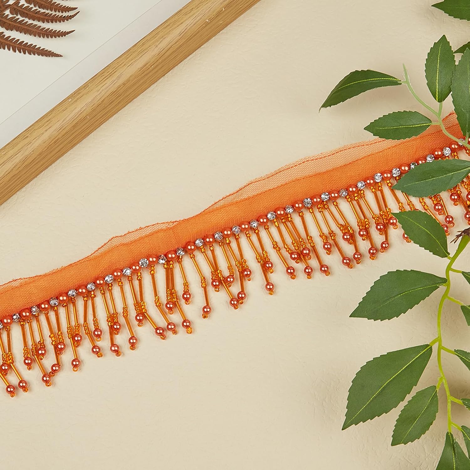 1 Yard Orange Rhinestone Pearl Fringe Trim – Crystal Tassel Ribbon for Sewing, Clothing, Home Decor, Handbags, DIY Crafts