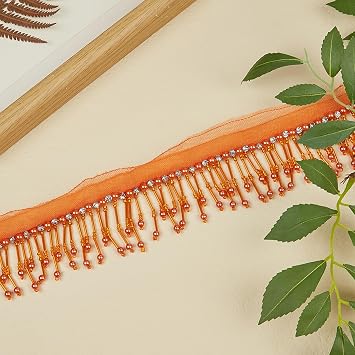 1 Yard Orange Rhinestone Pearl Fringe Trim Crystal Tassel Ribbon for Sewing, Clothing, Home Decor, Handbags, DIY Crafts