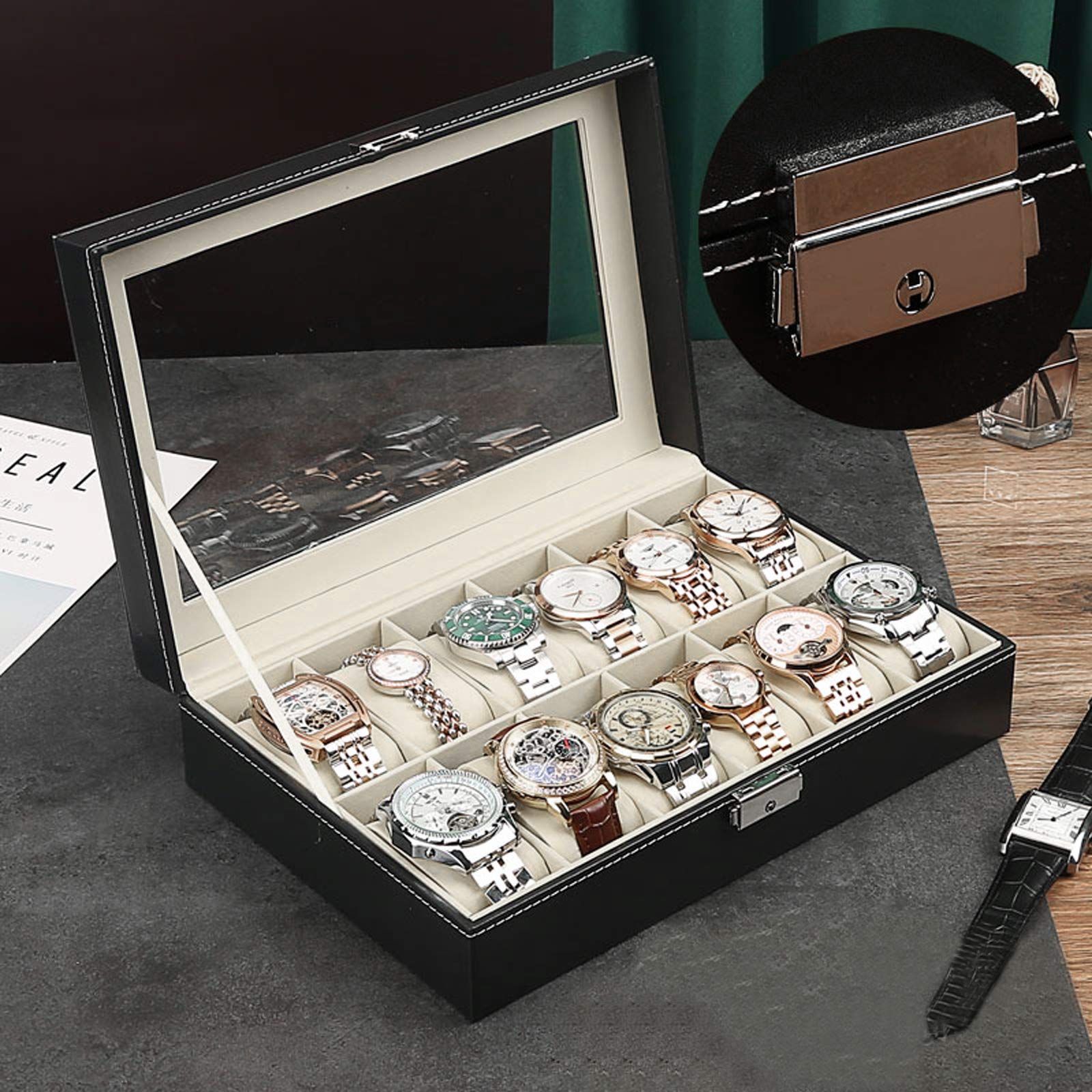 feihao Cofanetto per orologio/scatola/espositore, portaoggetti per orologi in pelle PU, regalo da uomo, 12 scomparti in velluto