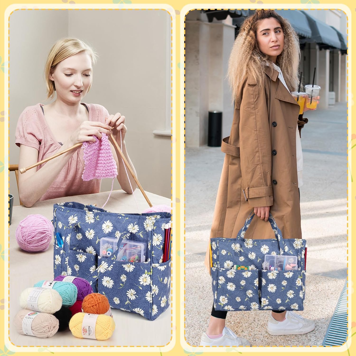 Knitting Bag Knitting Large Tote Bag Portable Knitting Bag Crochet Bag Wool Craft Bag Knitting Organizers Craft Crafting Bags for Women Adults Kids Girls Work School Picnic Camping Travel (Daisy)