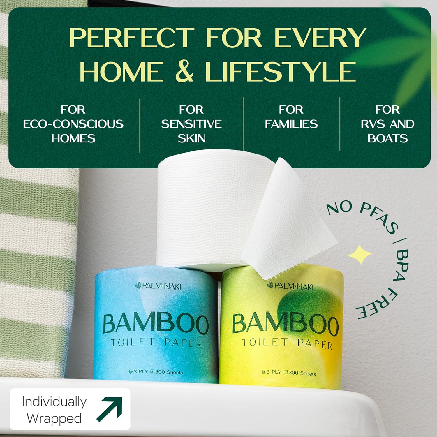 Premium Bamboo Toilet Paper | 3-Ply – Strong & Absorbent | Tree-Free, FSC Certified, BPA/PFAS-Free | Septic-Safe, Lint-Free | 6 Rolls (300 Sheets/Roll) | PALM NAKI
