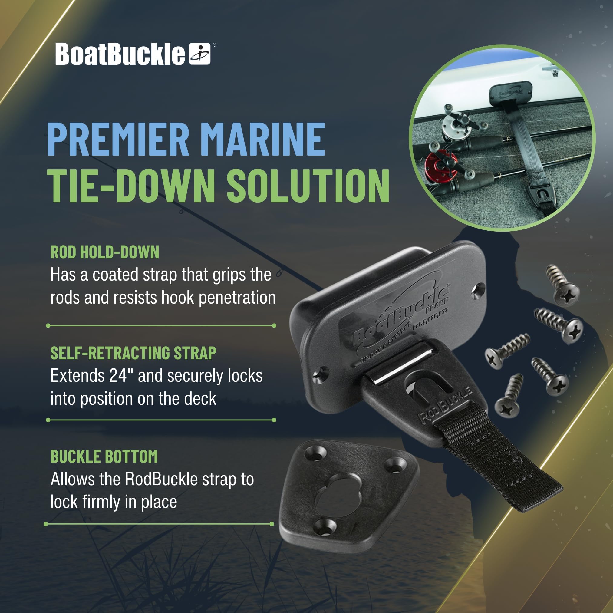 BoatBuckle F14200 Gunwale/Cubierta de Montaje retráctil Rod Tie Down