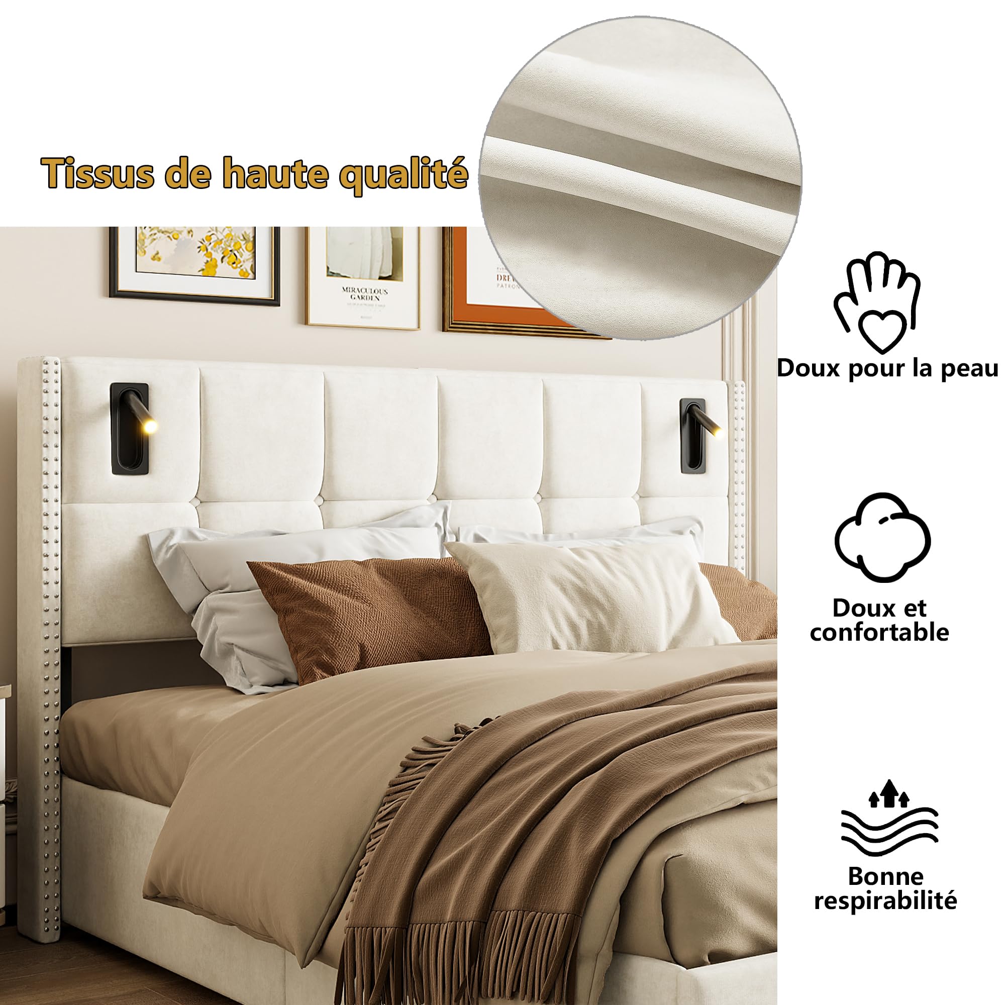 PerGar Cama Tapizada 160x200 con Almacenaje, Camas Matrimoniales con Espacio de Almacenaje Hidráulica y lámpara de Lectura, Canape 160x200 Camas Adultos con Somier, Franela, Beige, sin colchón