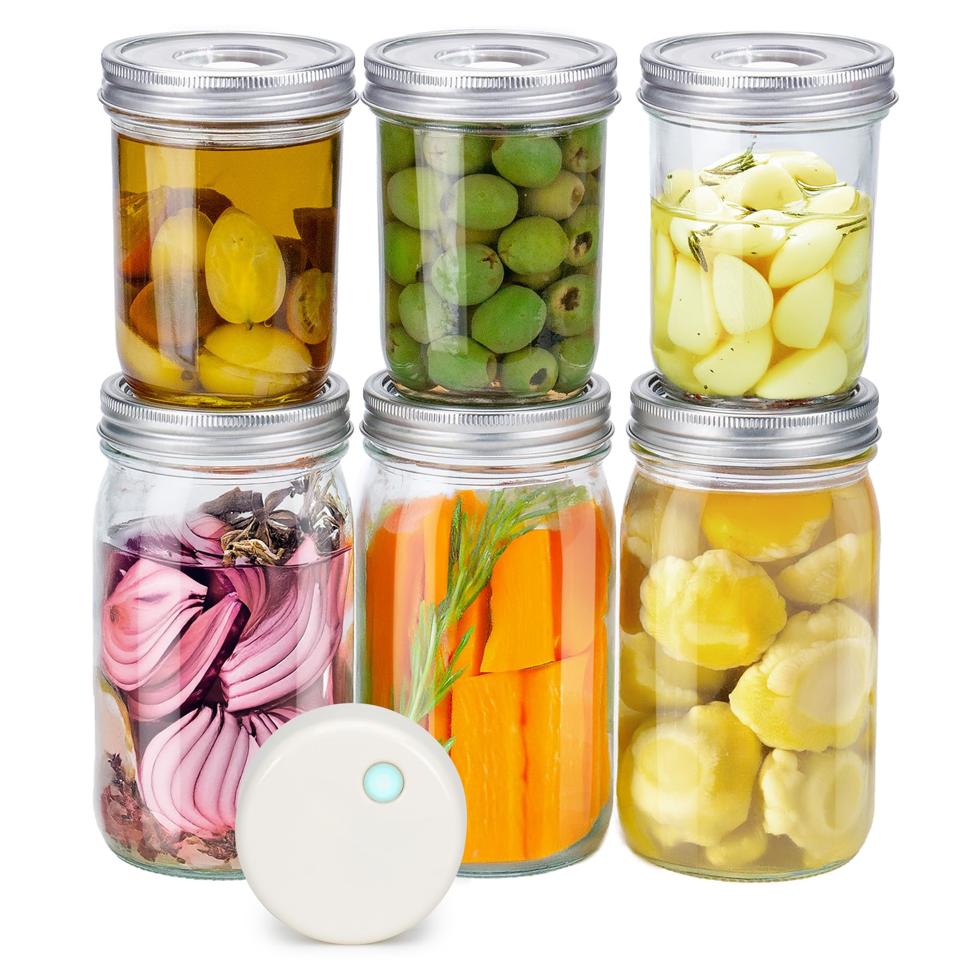 Einmachglas-Vakuumierer-Set mit breiter Öffnung, 6 Einmachgläser (473 ml + 907 ml), Deckel aus recyceltem Kunststoff, kein Öffner erforderlich, mit Quick Marination-Technologie
