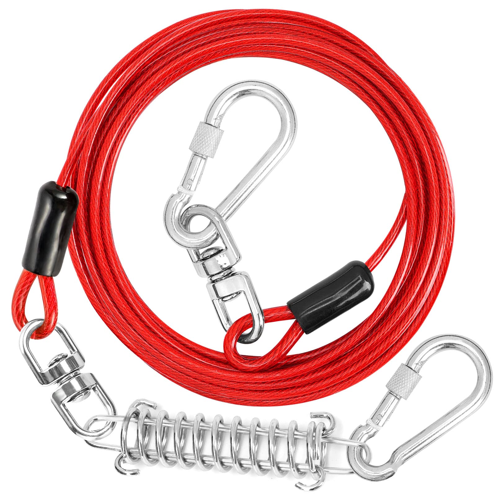 jenico Dog Tie Out Cable, 10/15/20/30/40/50/70/100/150FT Runner Cable with Swivel Hook and Shock Spring, Dog Leash Run Tether for Yard Outdoor and