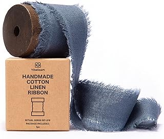 Vitalizart Denim Blue Cotton Linen Ribbon with Spool 1.5" x 5Yd Handmade Fringe Frayed Fabric Cloth for Wedding Invitation...