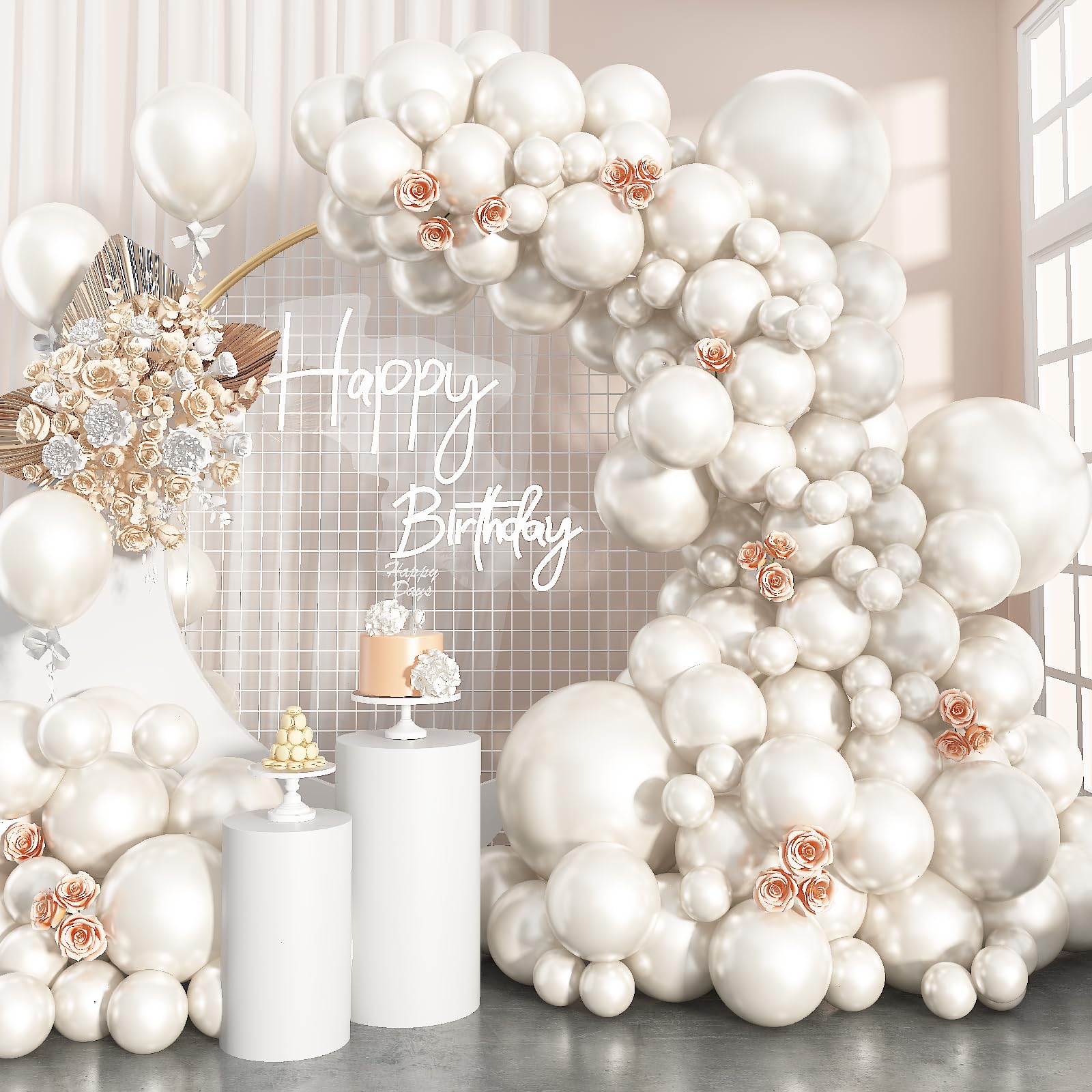 Globos blancos perlados de doble capa con perlas blancas, guirnalda de globos de color marfil, diferentes tamaños, 18/12/10/5 pulgadas, 61 unidades, crema, beige, látex, globo, boda, novia,