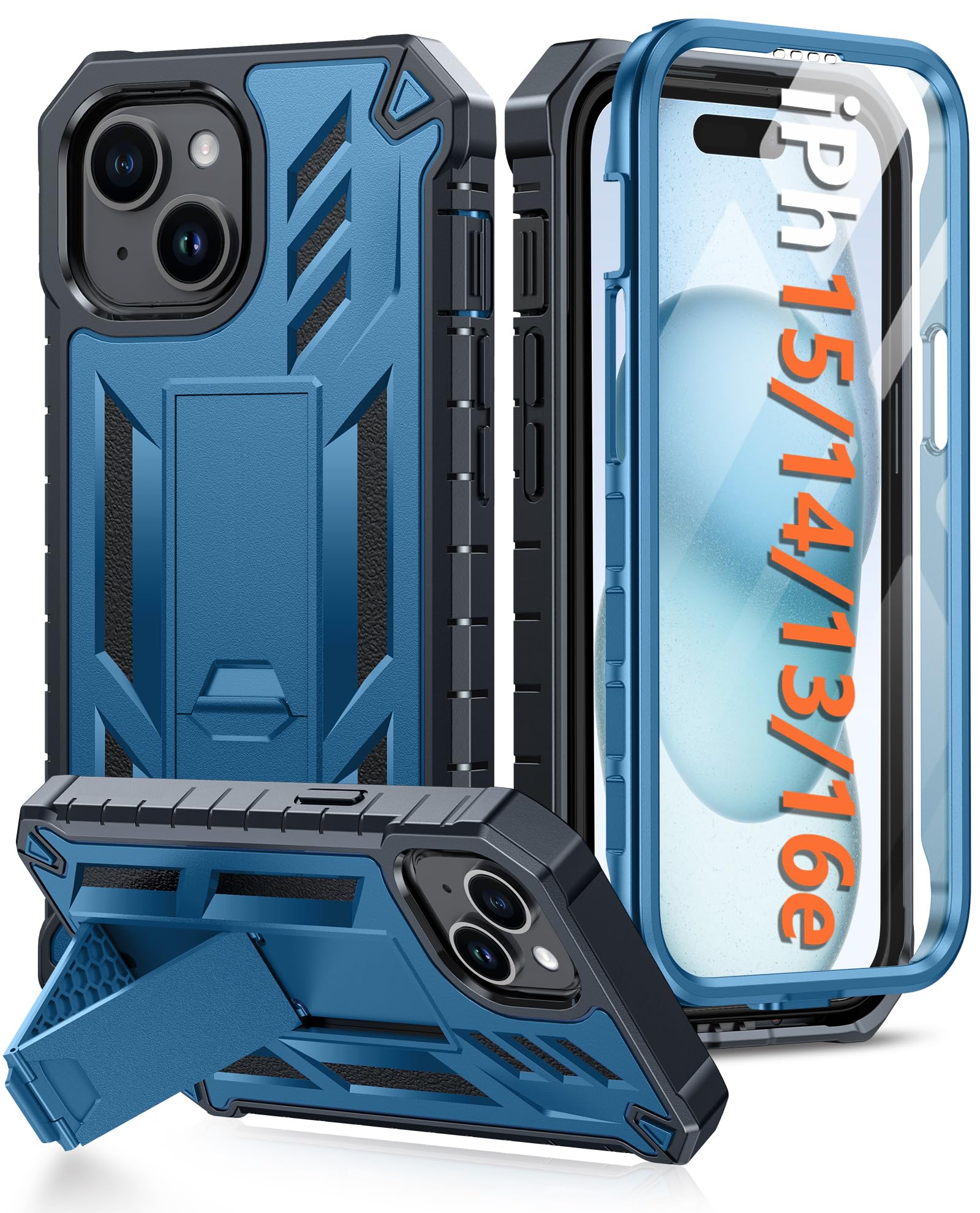 fntcase for iphone 15 case: for iphone 14 case & iphone 13 case [built-in screen protector & kickstand] [military grade drop protection] heavy duty full protective shockproof tpu phone cover - blue