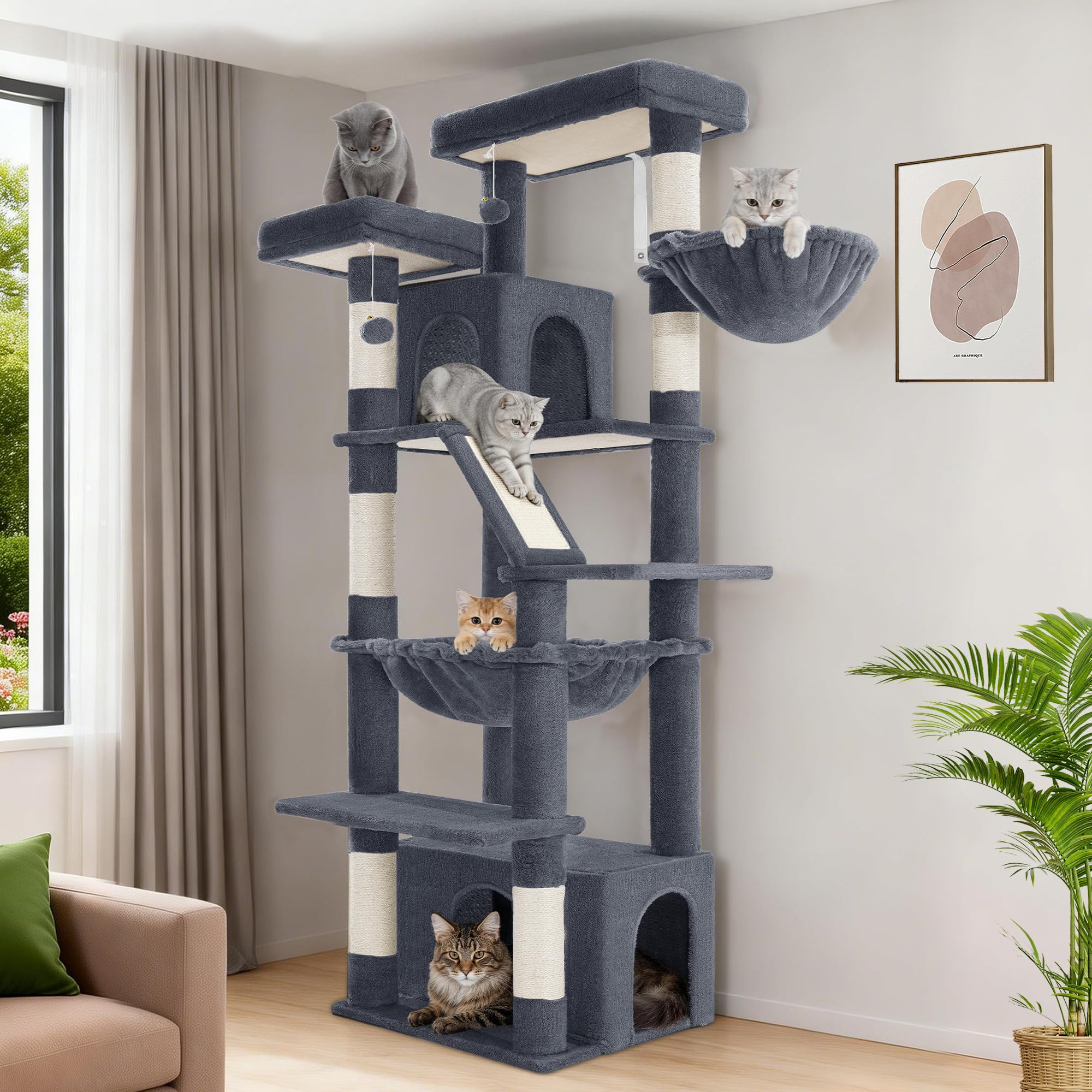 Hzuaneri Large Cat Tree, 183 cm Tall Cat Tower for Indoor Cats Large Cats, Corner Climbing Tower with 6 Sisal Scratching Posts, 2 Large Platforms, 2 Caves, Hammocks, Stairs, Dark Gray MS18318SG
