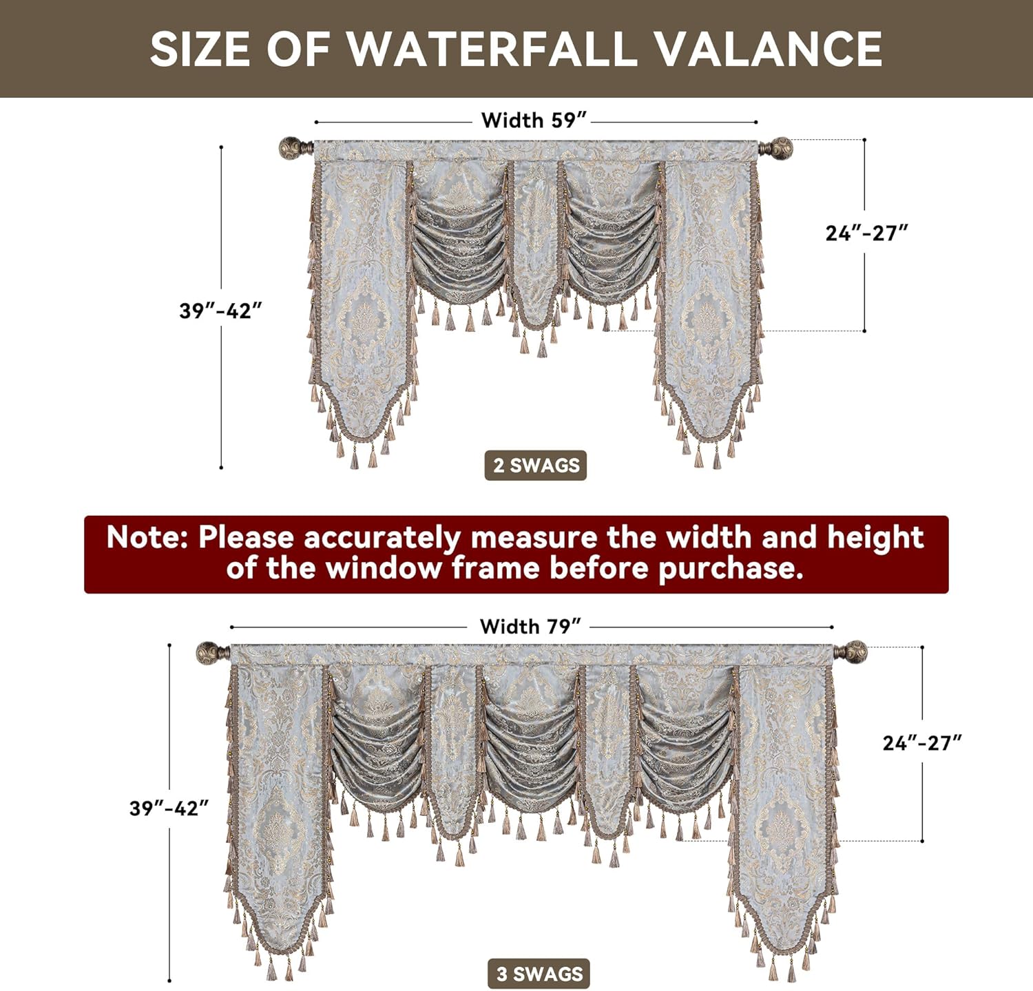 Loom and Mill Classic Waterfall Valances for Living Room Bedroom, European Jacquard Thick Damask Swag Curtains Window Valance with Tassels for Party Banquet Decor (Gray&Beige, W79 Inch, 1 Panel)