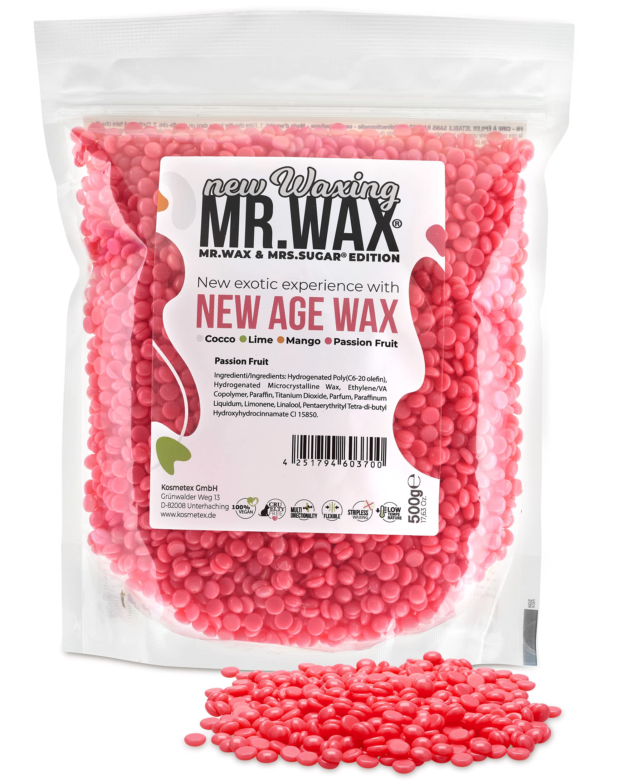 Mr. Wax New Age Waxing Passionsfrucht Wachsperlen für Haarentfernung, Wachs Warmwachs Perlen, schmerzfreie Enthaarung im Gesicht für Augenbrauen, Oberlippe, Intimbereich, Achseln