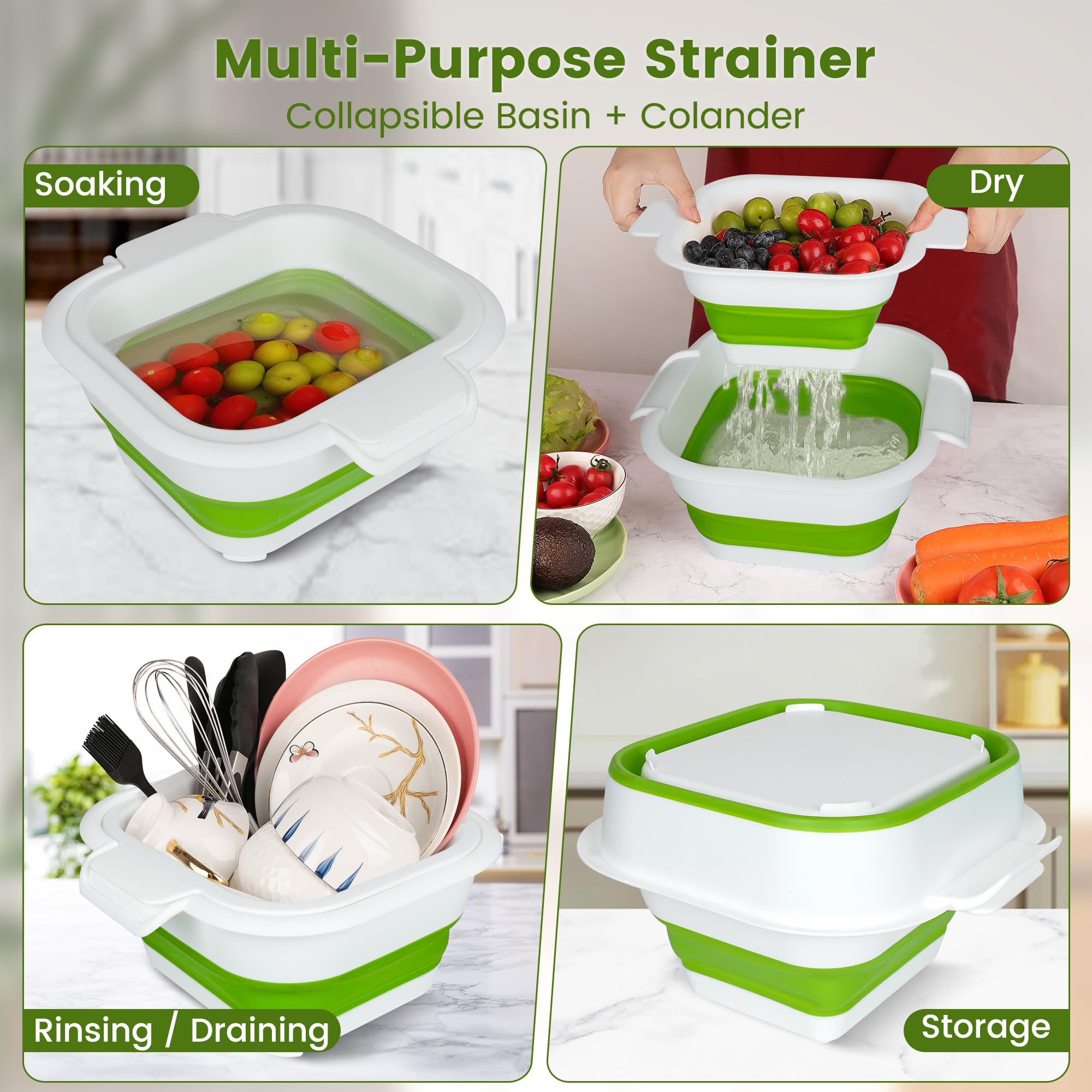 Juego de colador plegable con cuenco colador, cesta de lavado de frutas 2 en 1 con colador, colador de plástico de 5 + 3 cuartos de galón para cocina, cuenco plegable de doble capa para bayas,