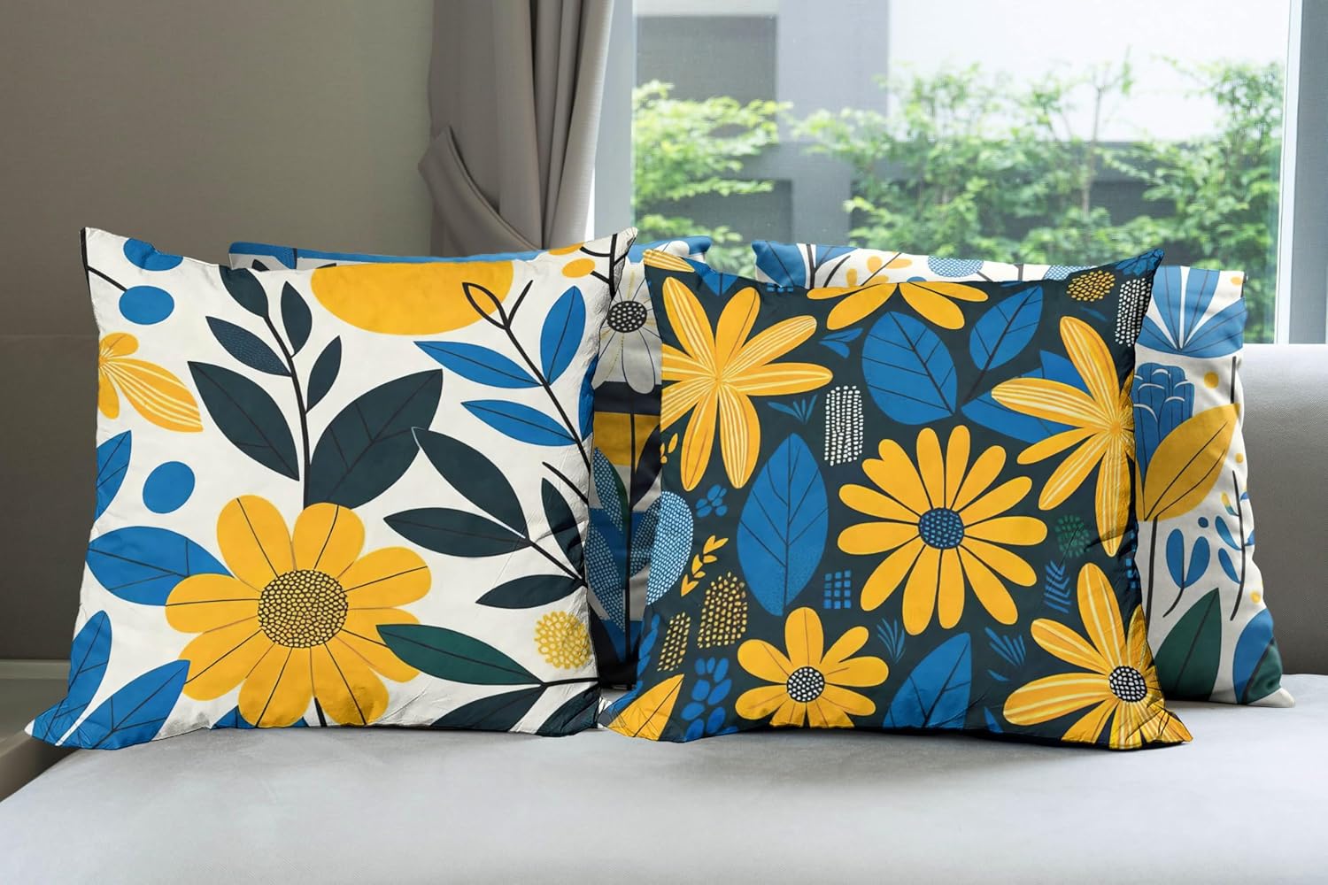 Ambesonne Flowers Throw Pillow Cushion Cover Set of 4, Bicolour Style Daisy Like Floral Motif with Simple Leaves Nature Artwork, Decorative Accent Double-Sided Printing, 24", Yellow Dark Sky Blue