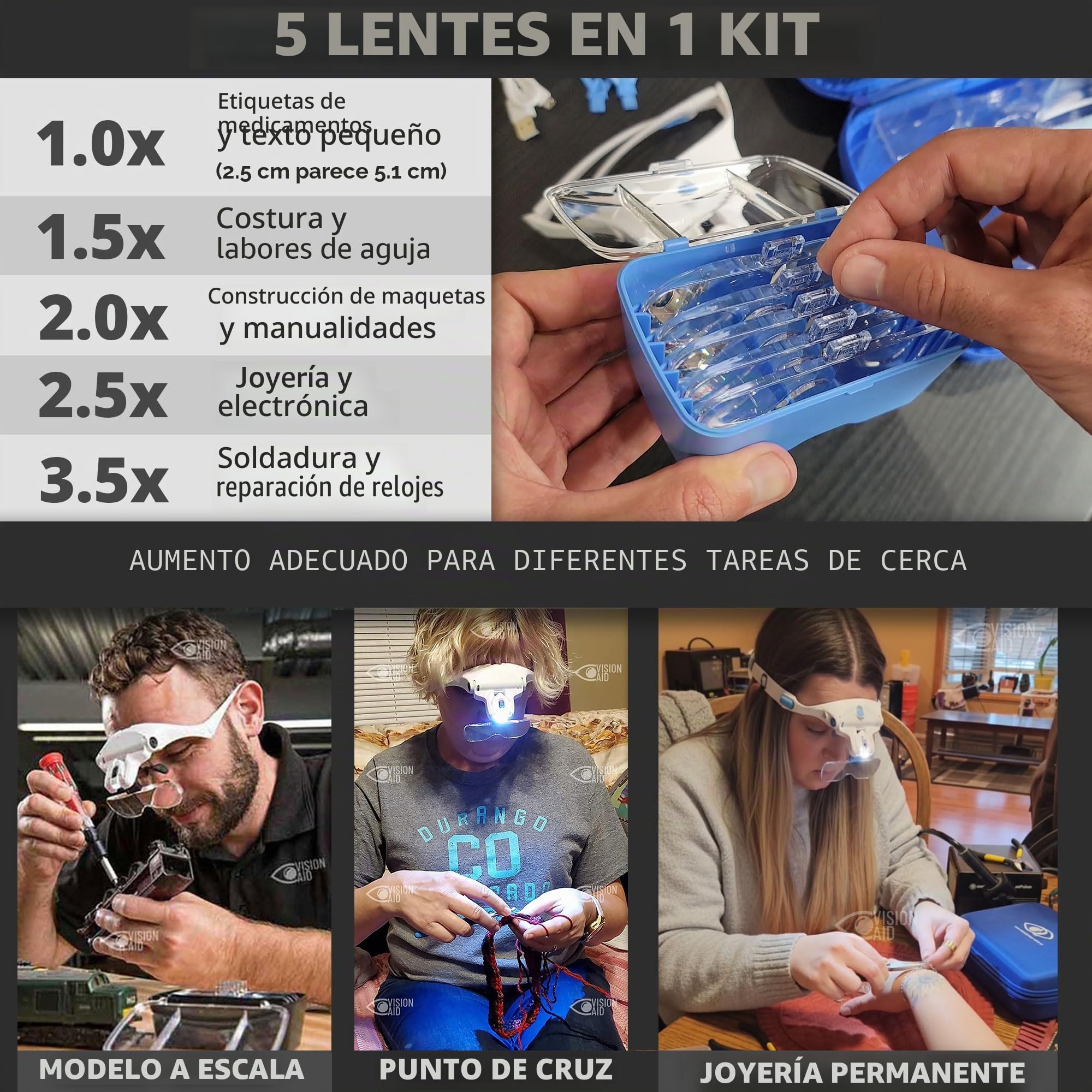 Lupas Expert Edition con luz LED Recargable por USB y Estuche de Almacenamiento Lupa de Cabeza Manos Libres para Pintura de Pasatiempos Trabajo cercano