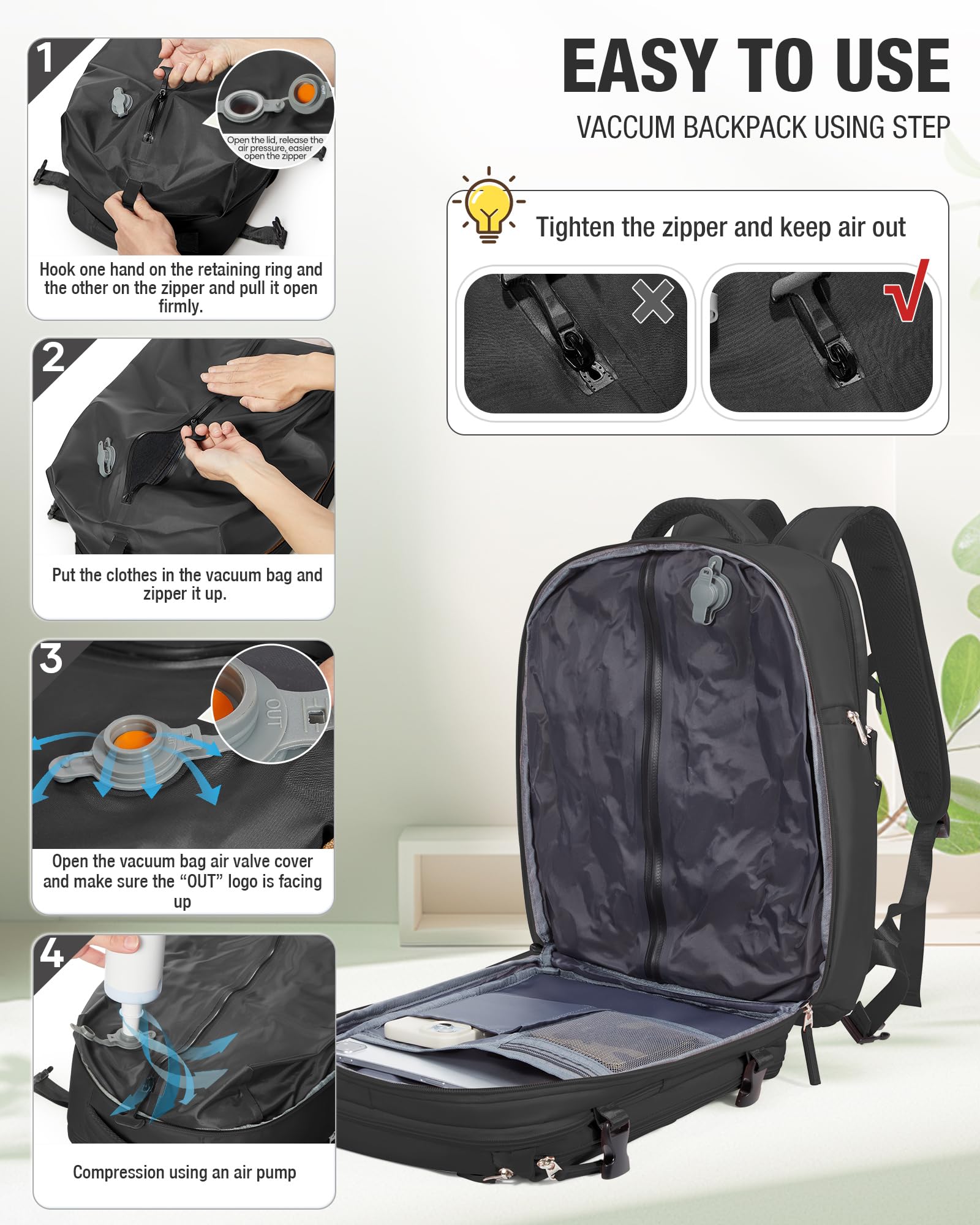 BJLFS Borse da Cabina per Ryanair 40x30x20 Zaino Wizzair Sottovuoto da viaggio 40x20x25 Bagaglio a Mano con compressione sottovuoto,Zaino Easyjet 45x36x20,Zaini Casual per laptop da 14 pollici