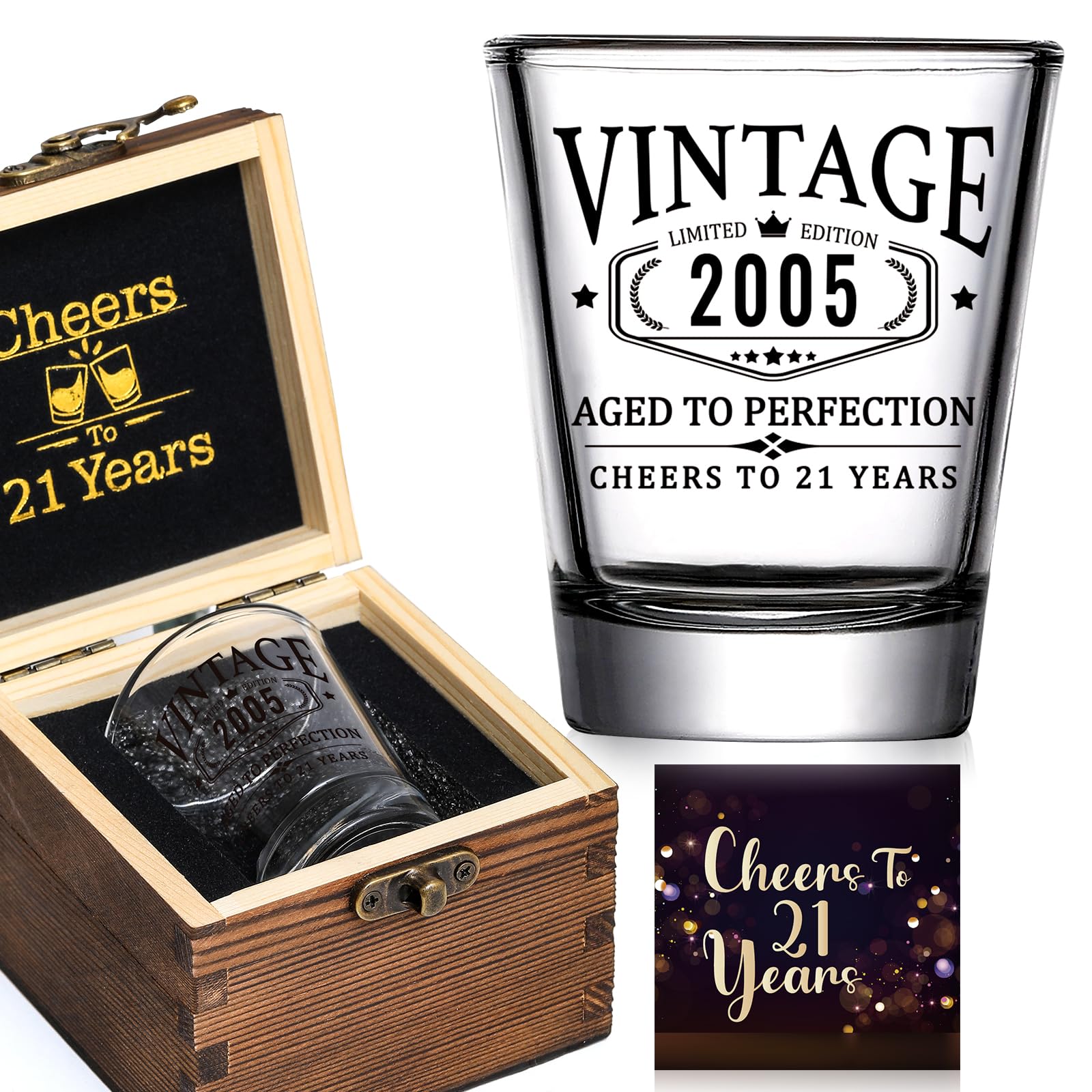 21st Birthday Gifts for Him Her - Limited Edition Shot Glass with Wooden Box - Vintage 2005 Cheers To 21 Years, Finally 21 Party Decorations Supplies - Turning 21 Bday Present for Men Brother Friends